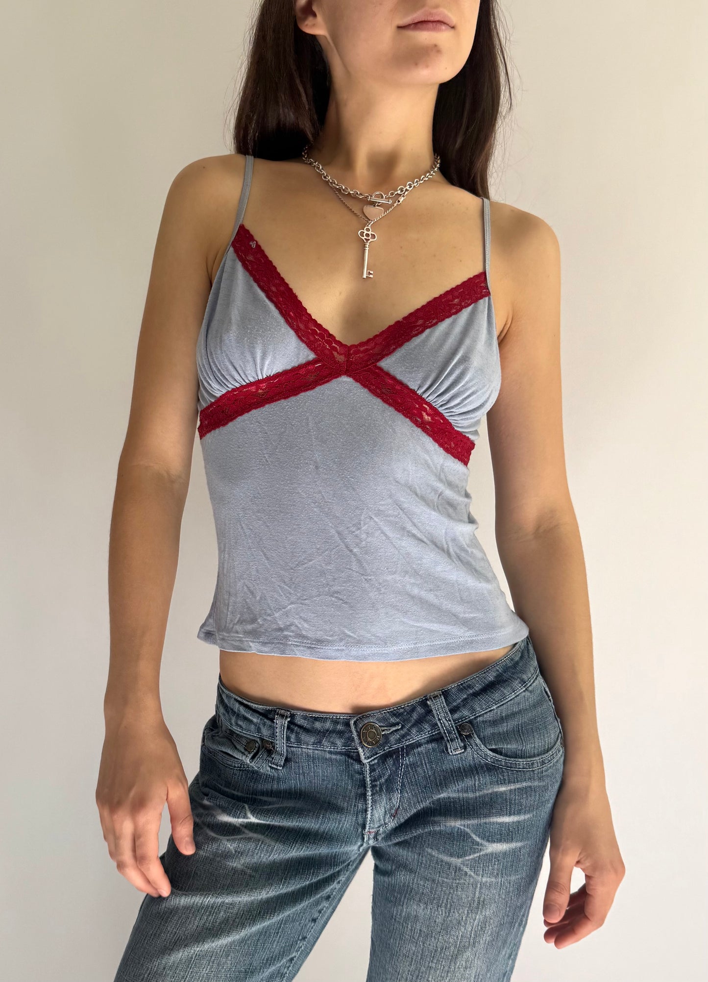 Y2K baby blue cami with red lace trim