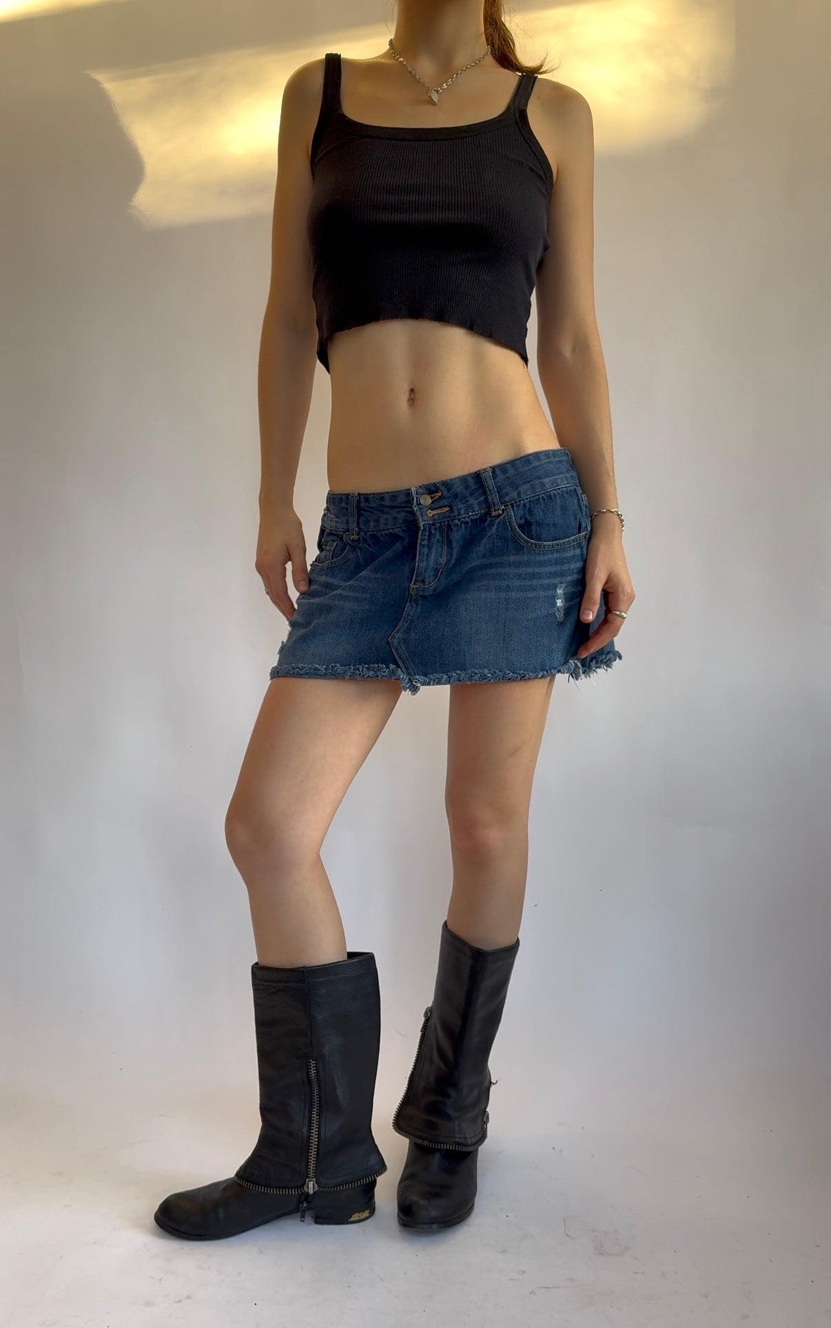 Y2K dark wash low rise mini skirt