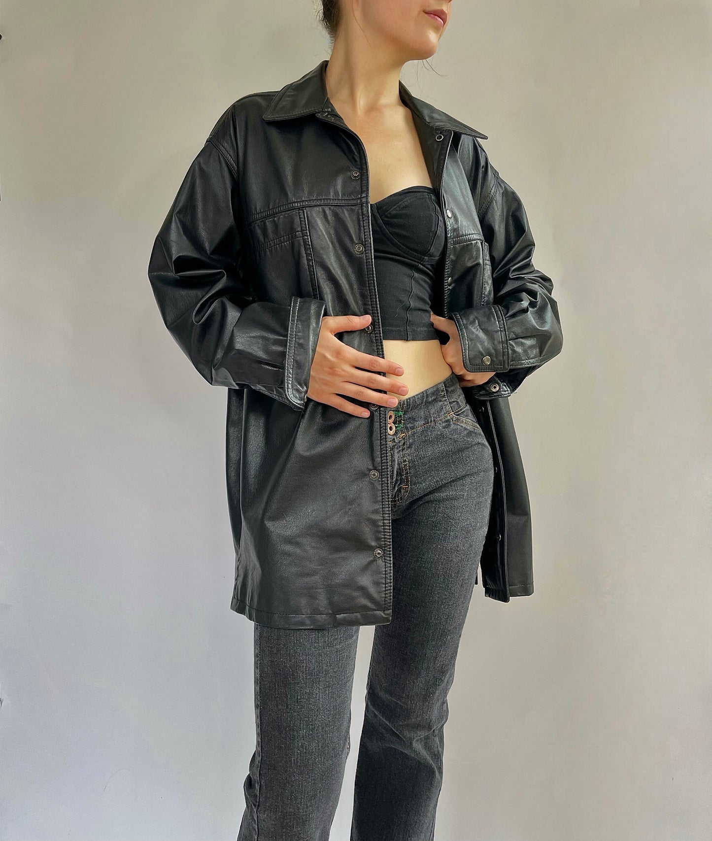 vintage oversized black leather jacket