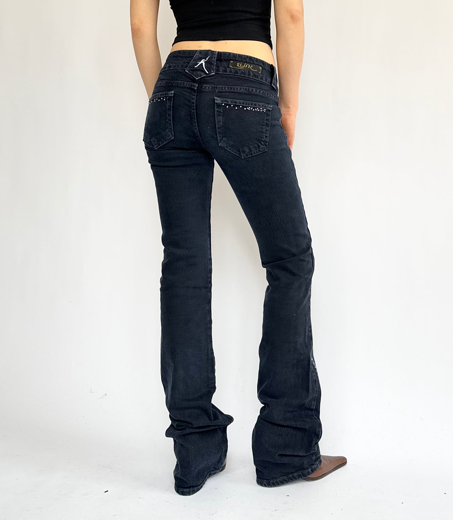 Y2K dark wash low rise flared jeans with silver studs