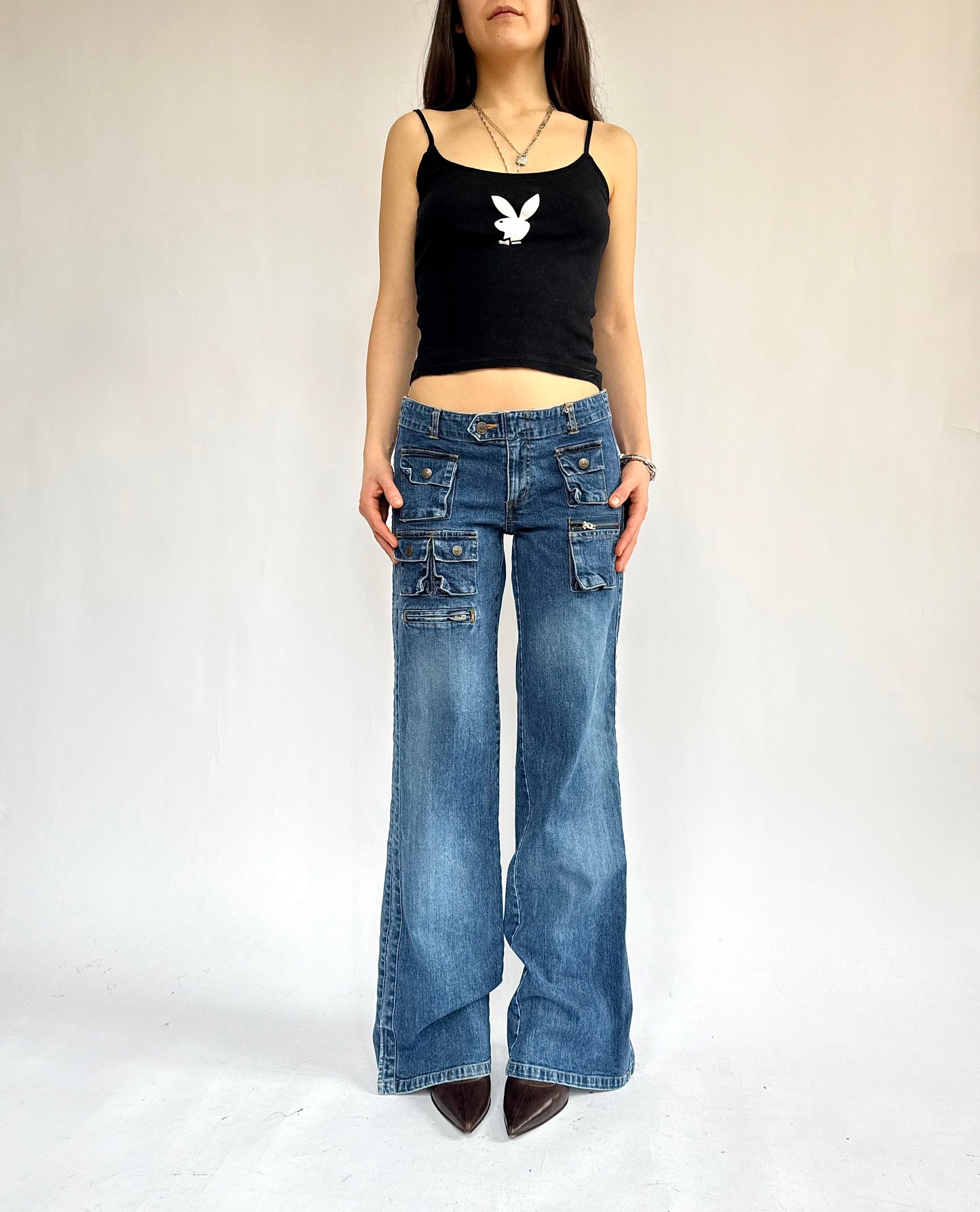 Y2K low rise detailed wide leg jeans