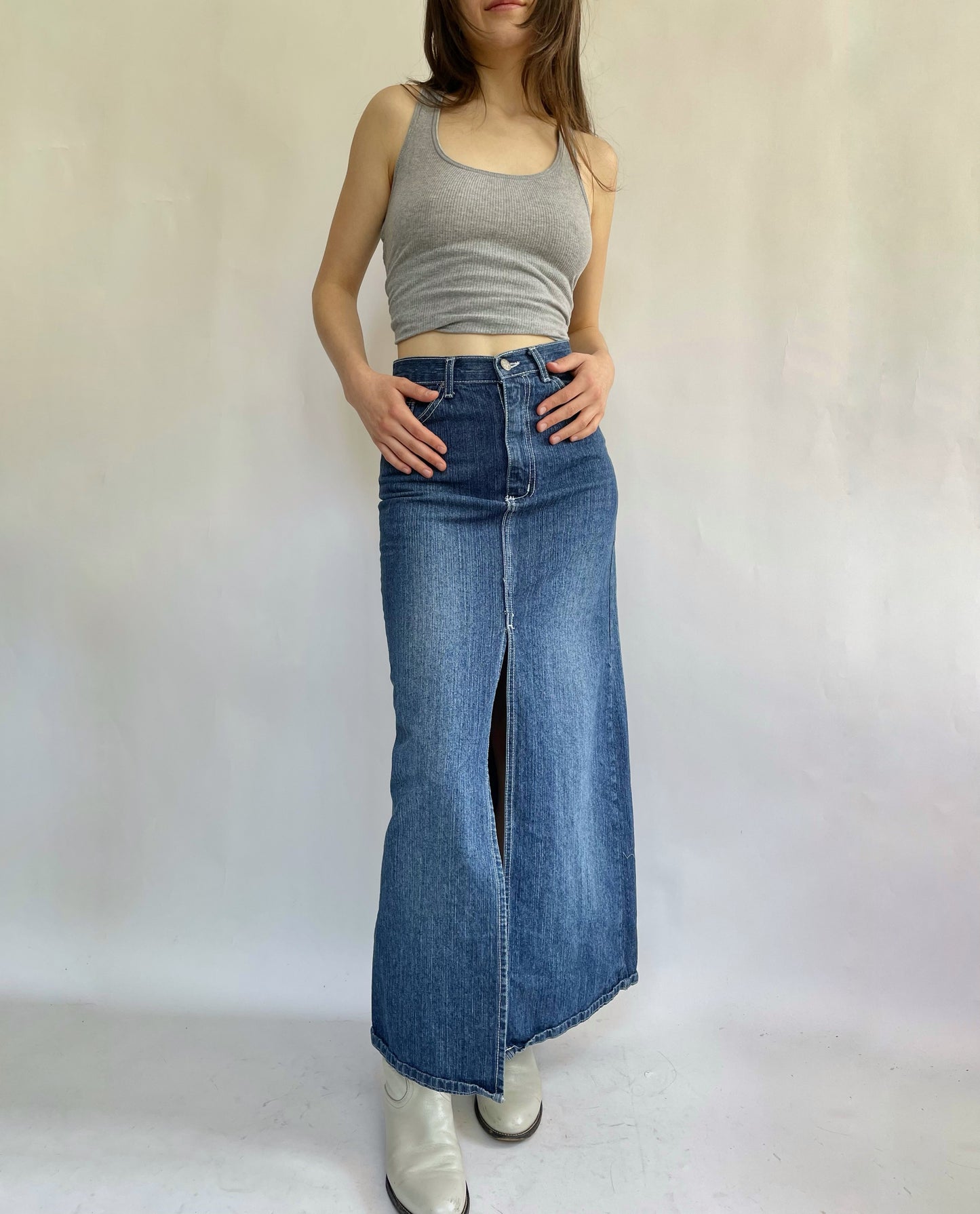 Vintage denim maxi skirt with slit opening