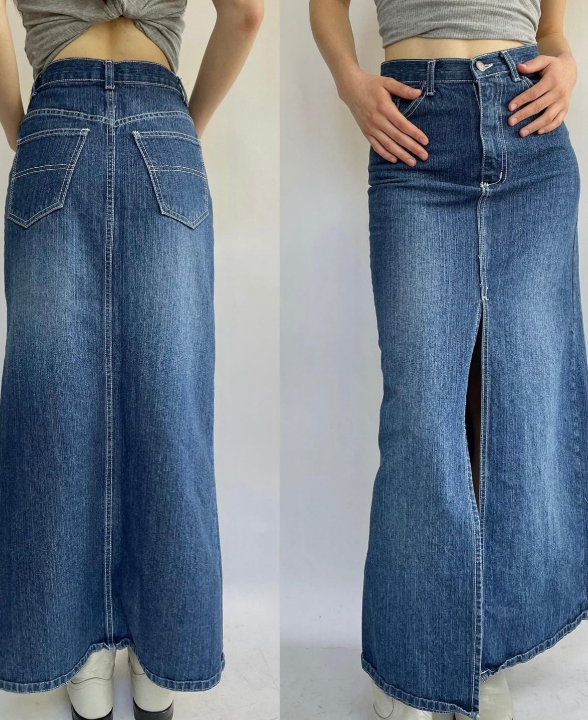 Vintage denim maxi skirt with slit opening