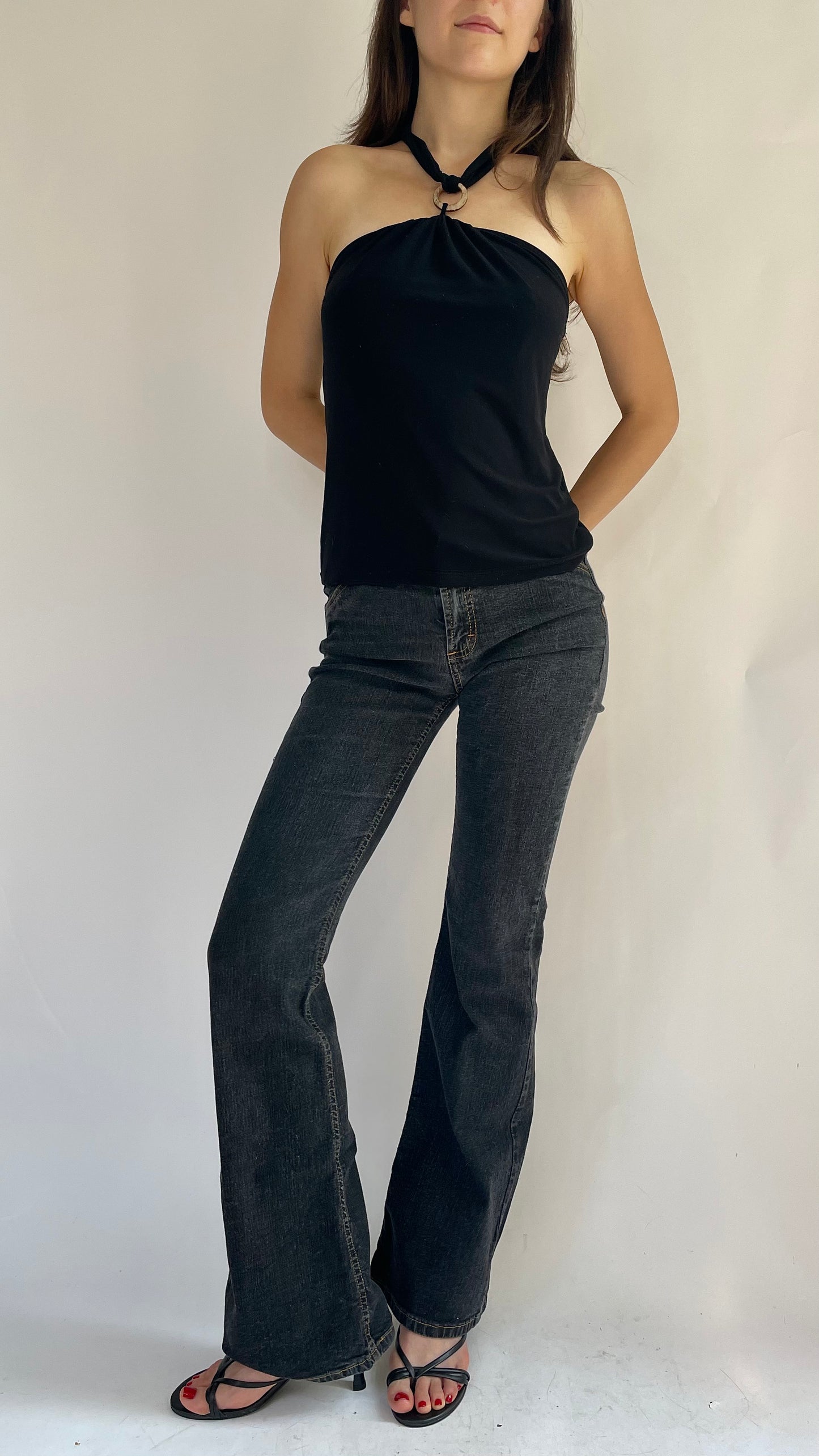 Y2K halter top with wooden ring