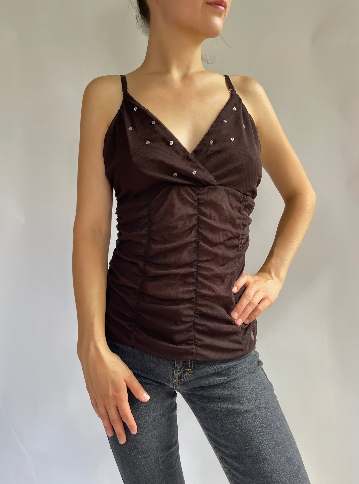 Y2K V-neck brown mesh cami top