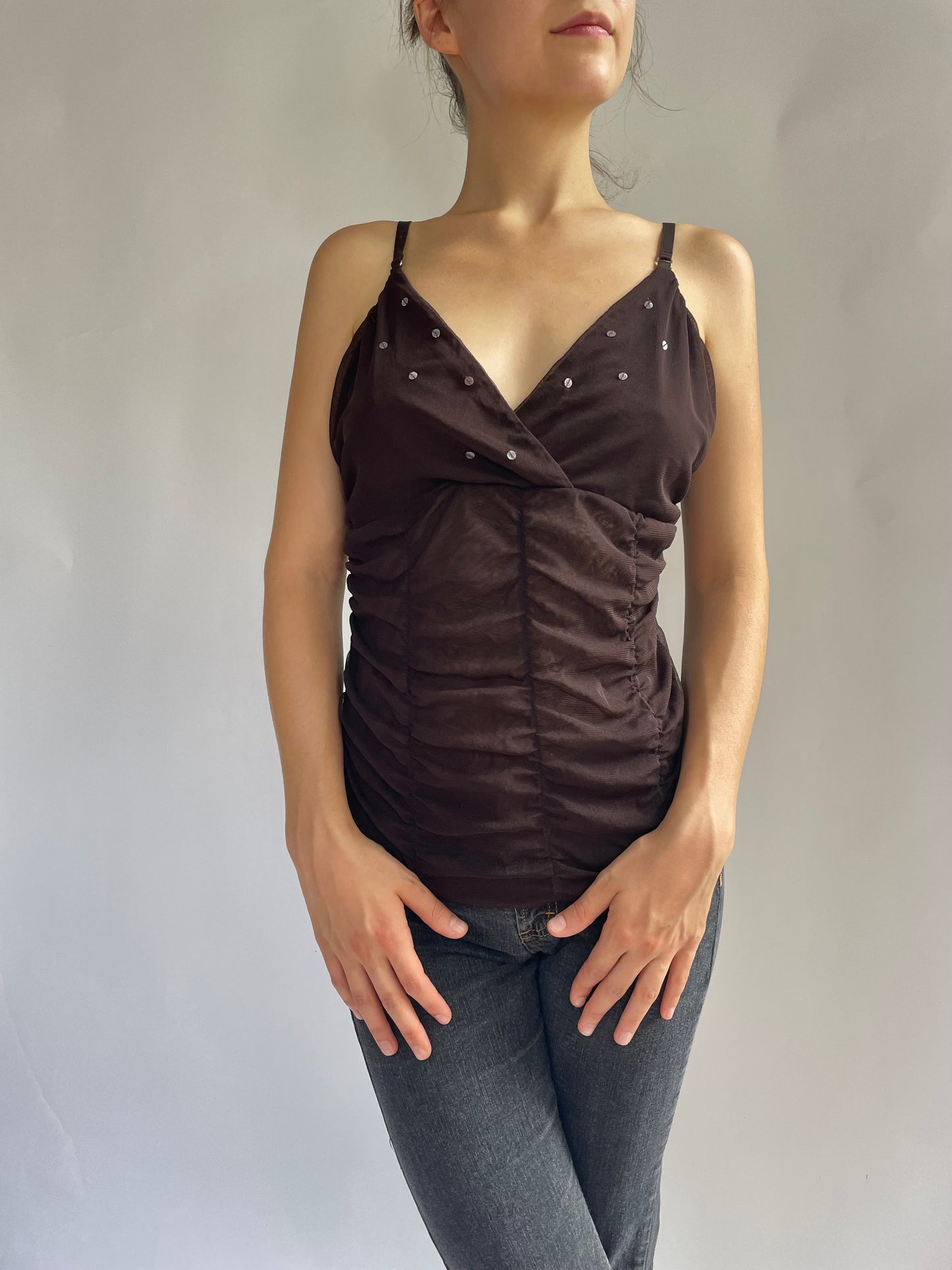 Y2K V-neck brown mesh cami top