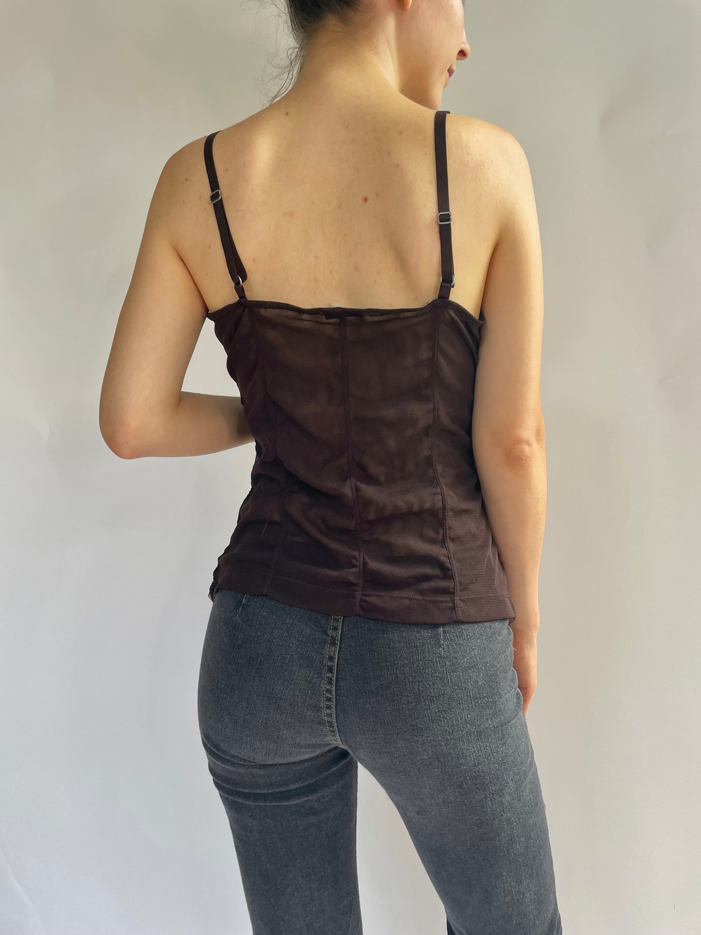 Y2K V-neck brown mesh cami top
