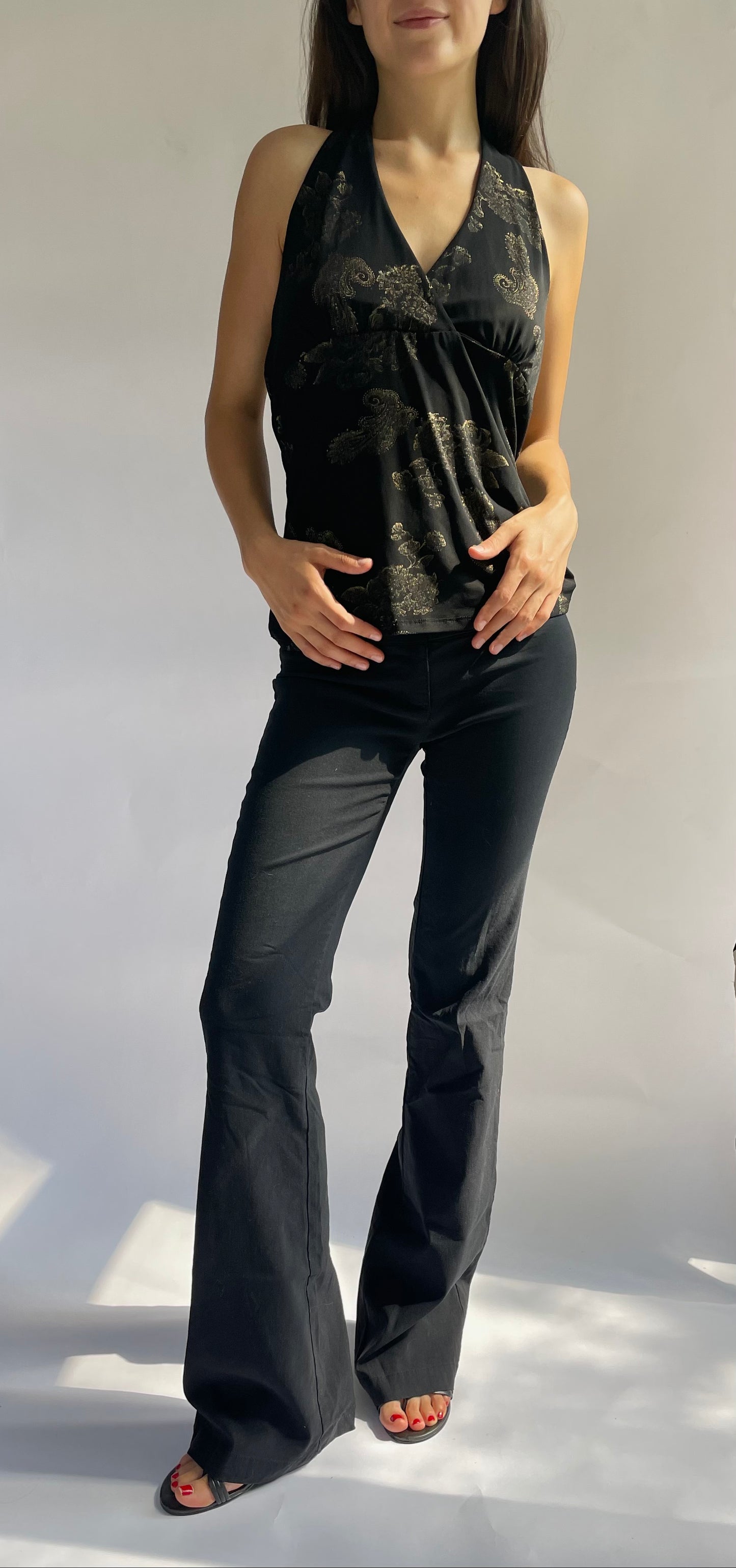Y2K black V-neck halter top with gold pattern