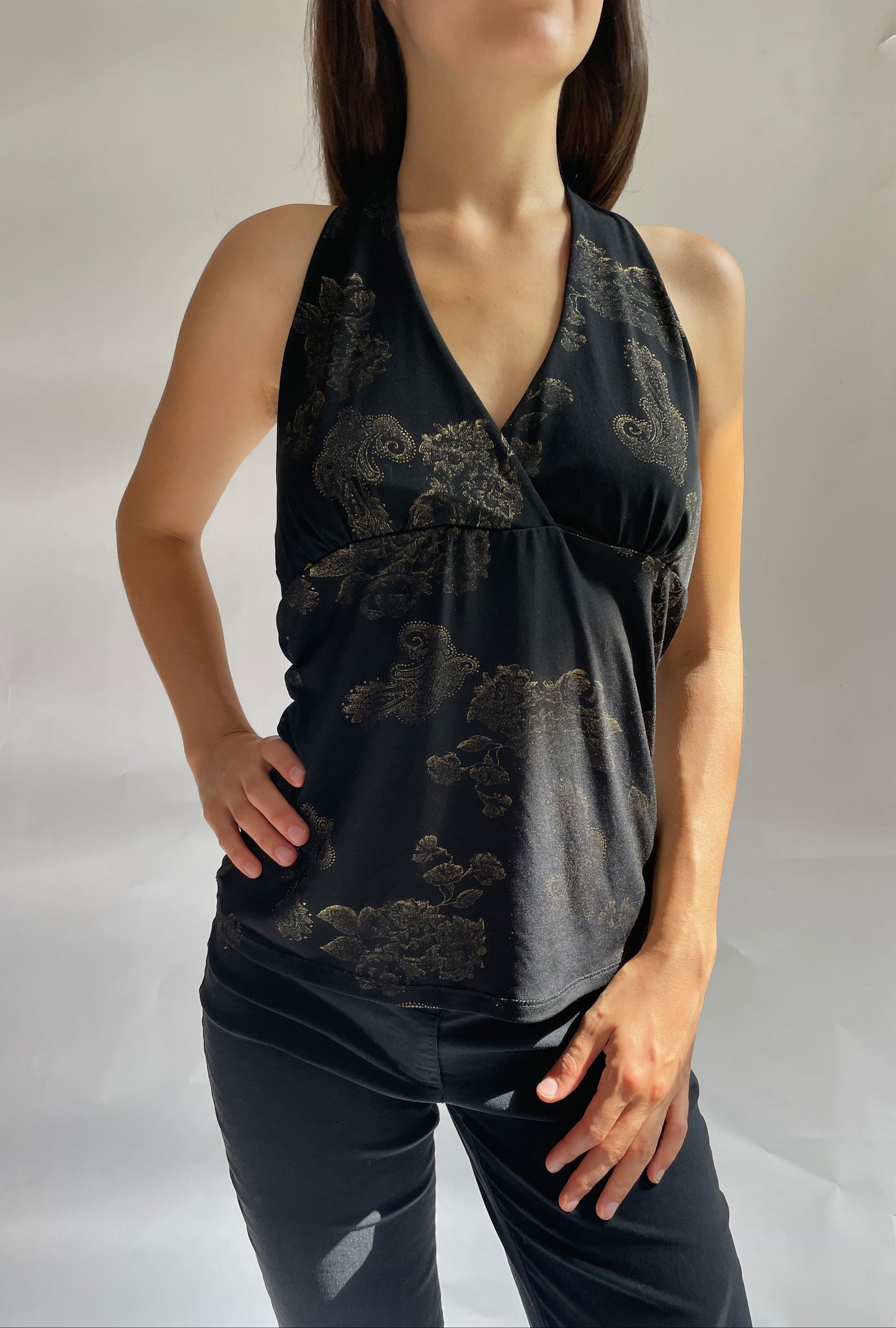 Y2K black V-neck halter top with gold pattern