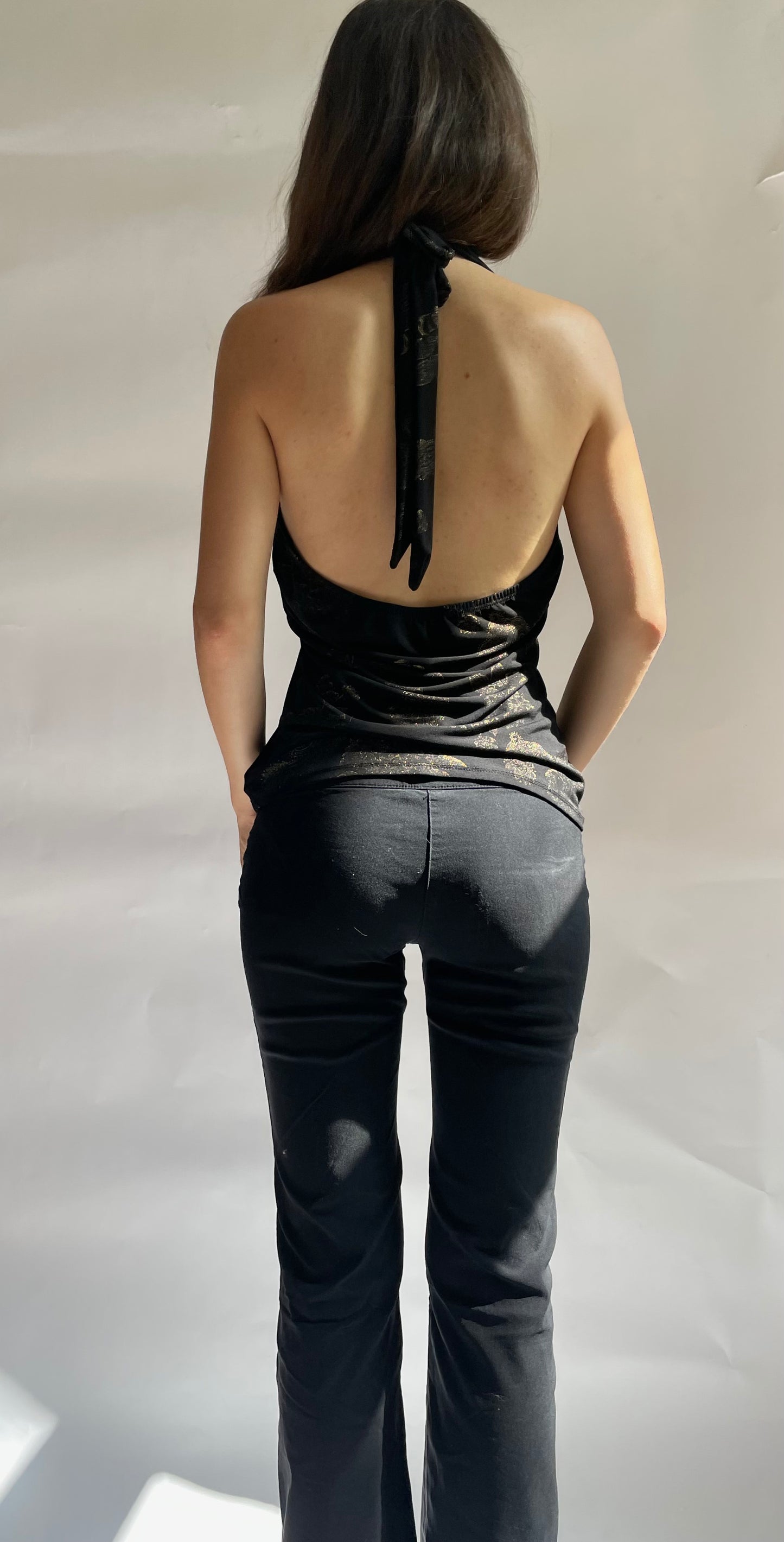 Y2K black V-neck halter top with gold pattern