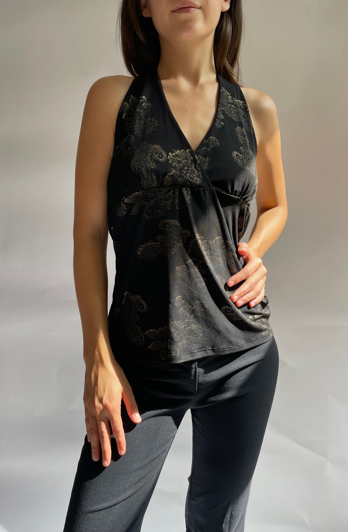 Y2K black V-neck halter top with gold pattern