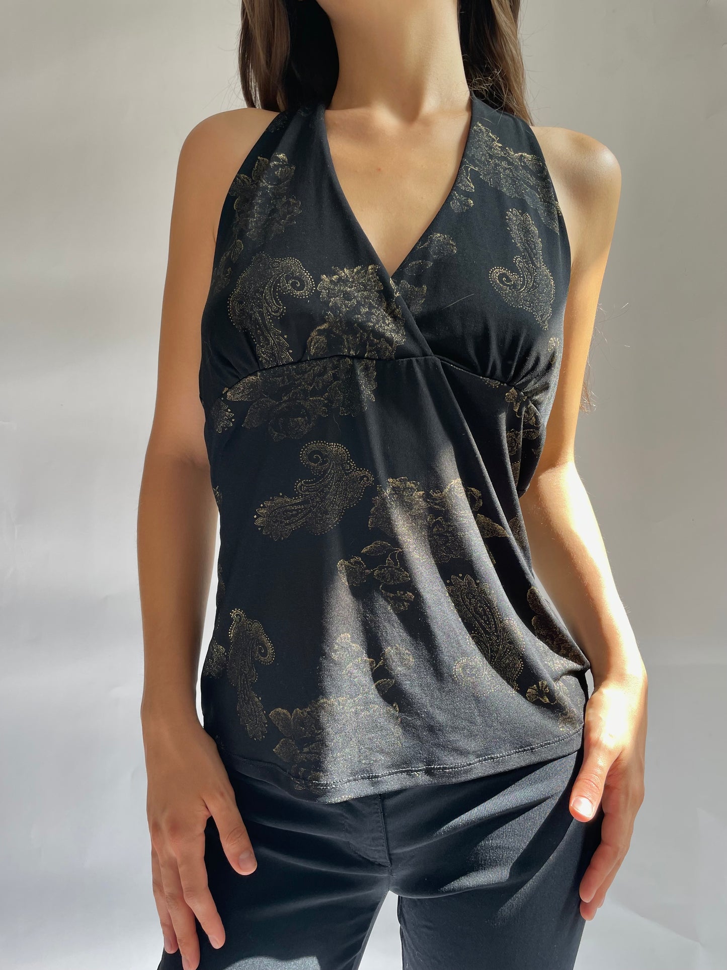 Y2K black V-neck halter top with gold pattern