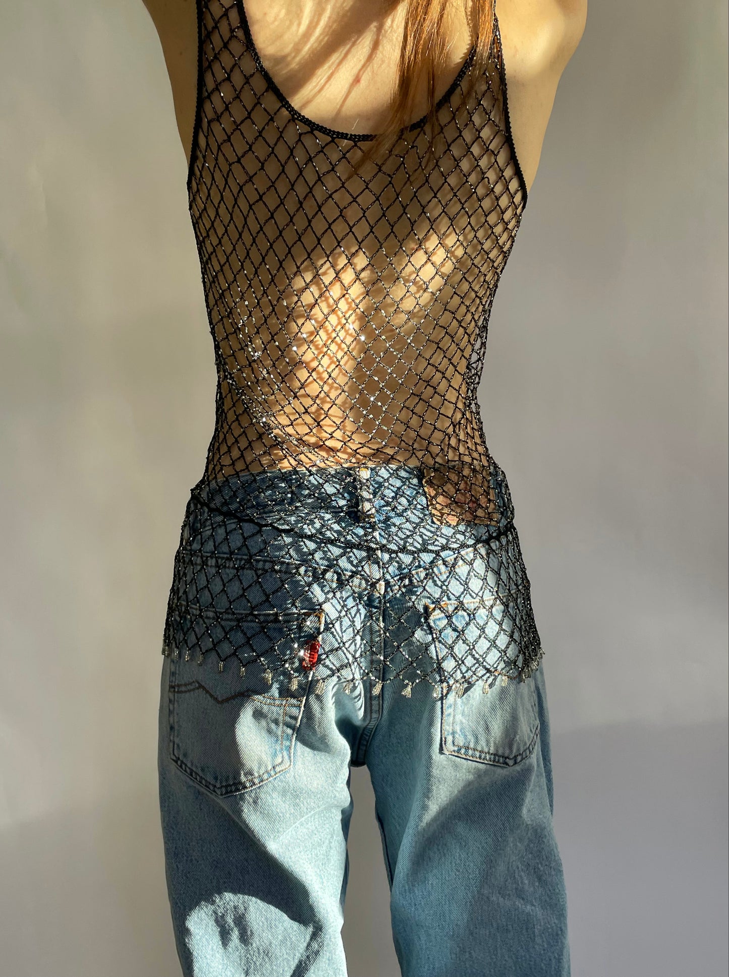 Y2K metallic sparkling fishnet top