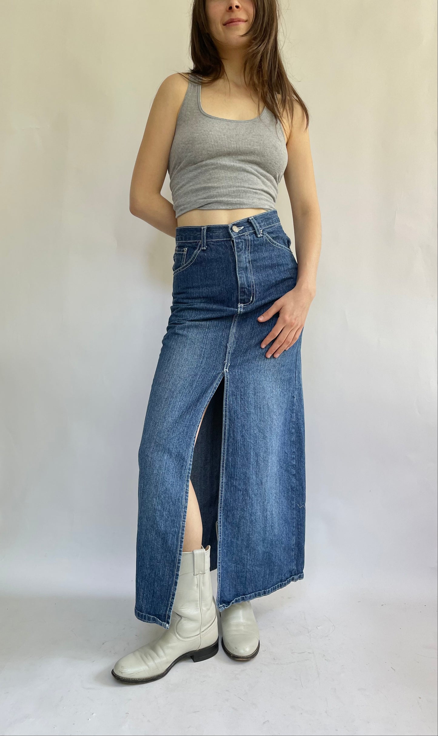 Vintage denim maxi skirt with slit opening