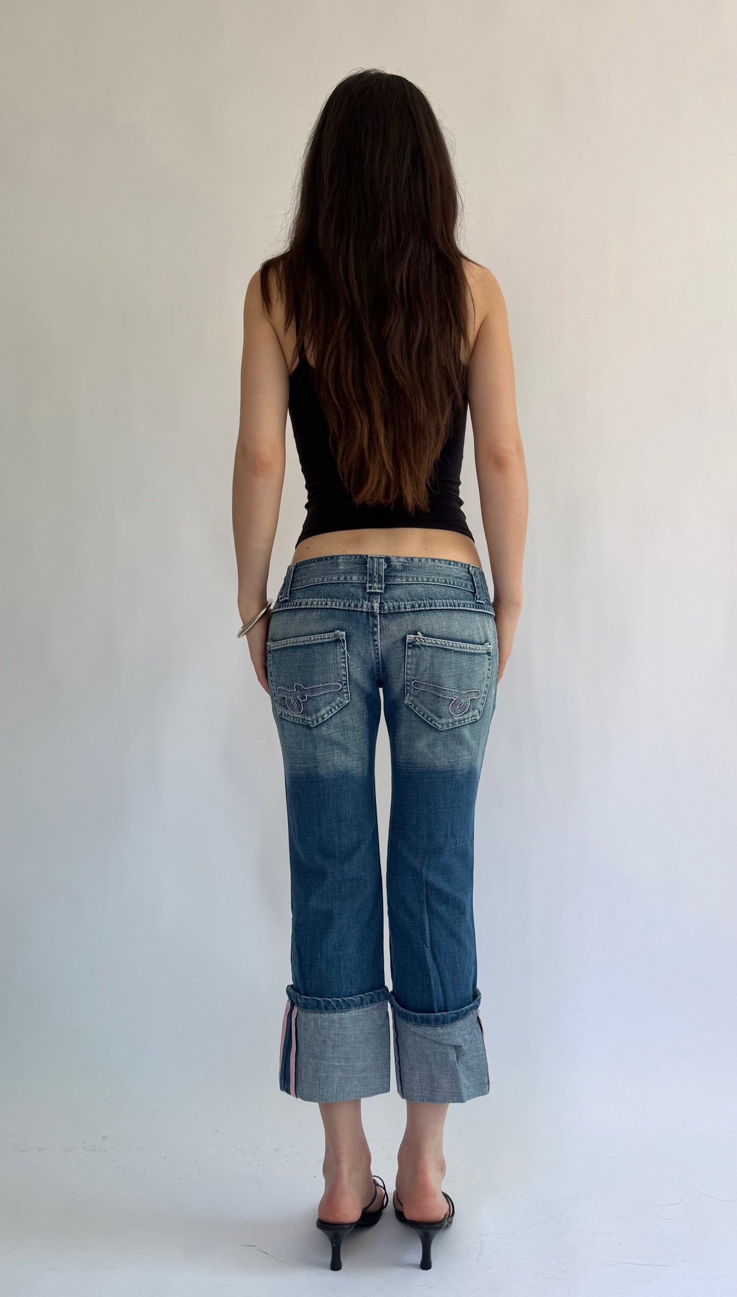 Y2K extra Low rise denim capris with baby pink embroidered back