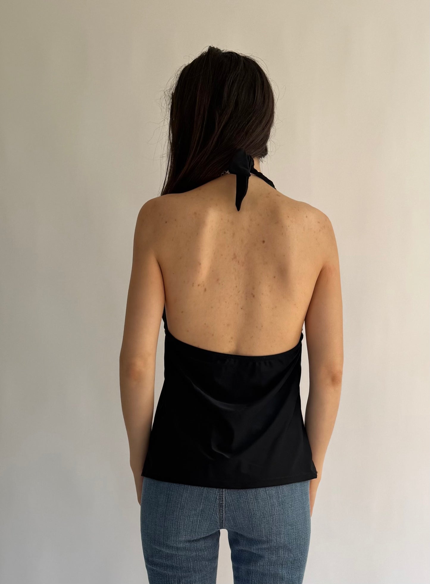 Y2K black halter v-neck top