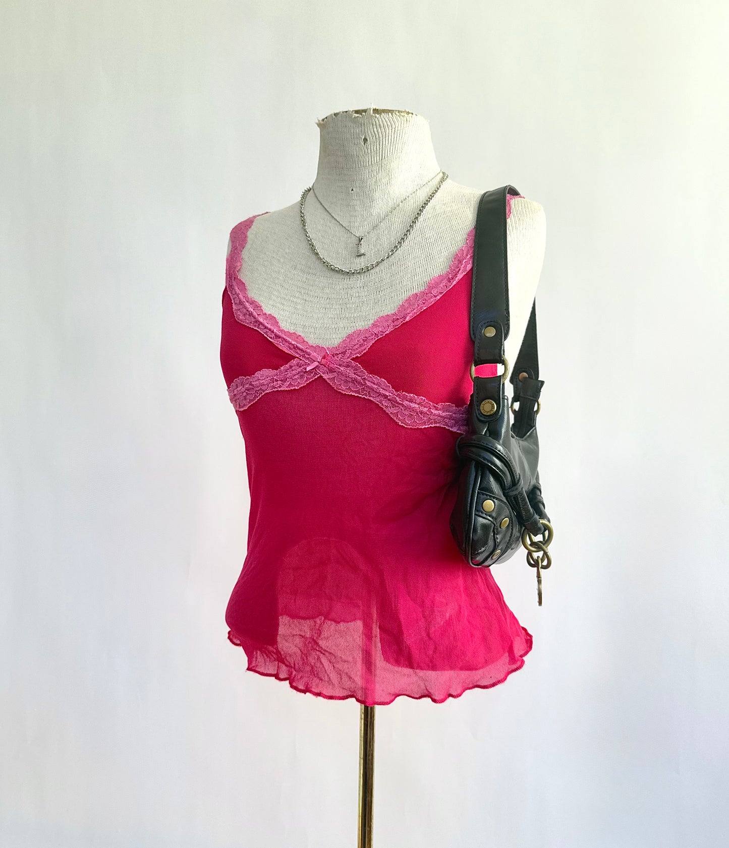 Y2K Pink mesh and lace cami top