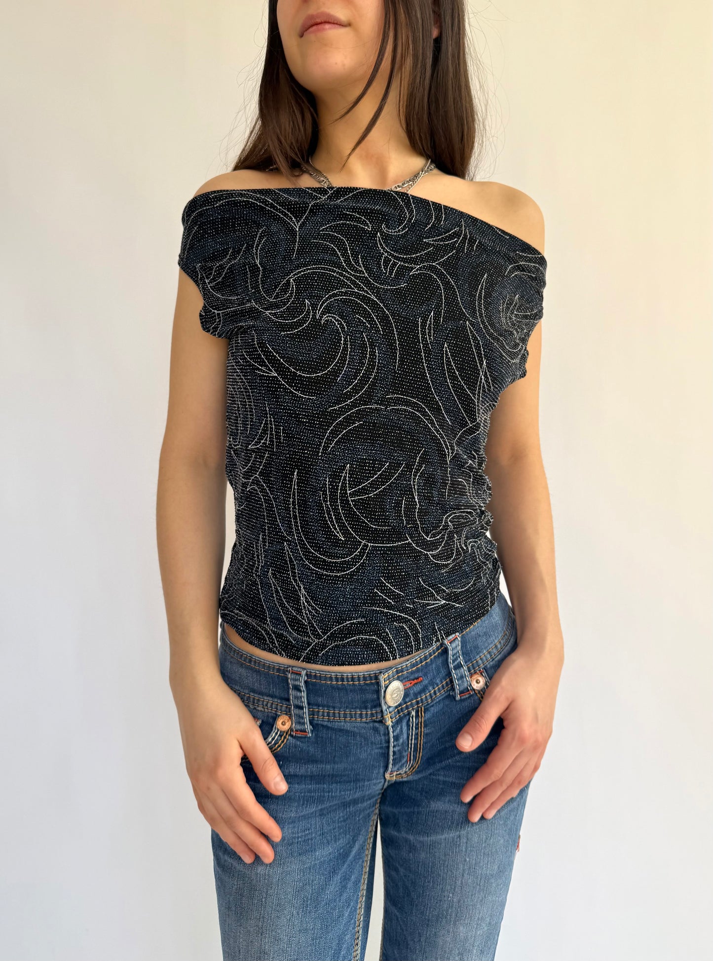 Y2K on or off the shoulder top with silver and blue sequin design