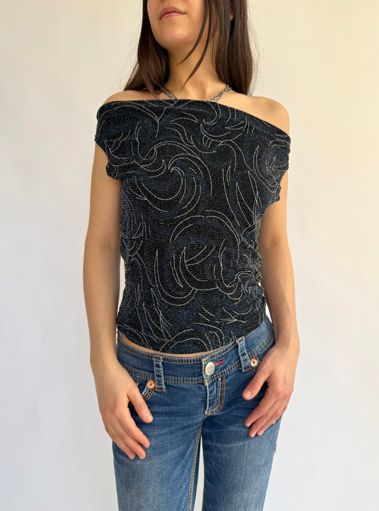 Y2K on or off the shoulder top with silver and blue sequin design