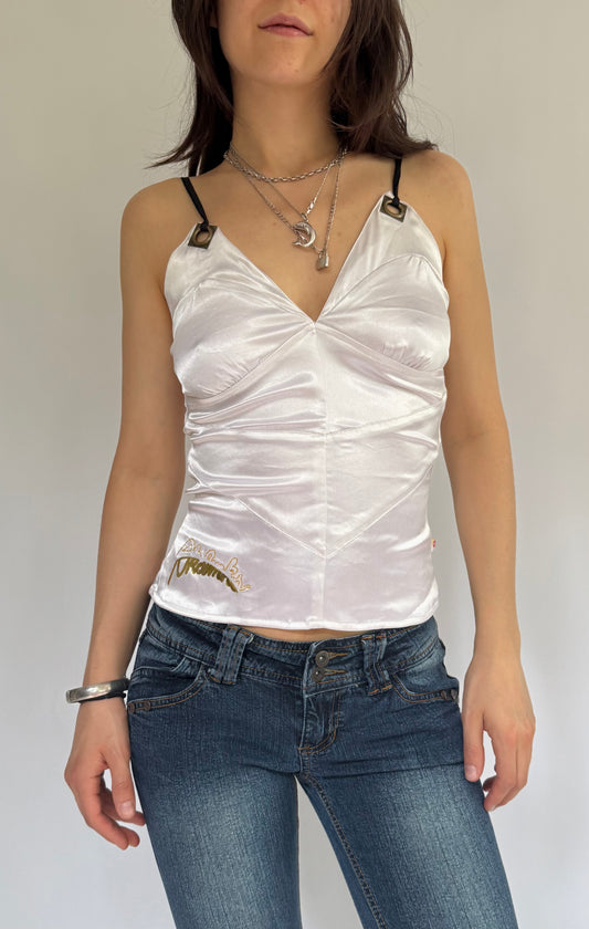 Y2K deadstock white satin cami bustier top with gold logo and eyelets by AKADEMIKS