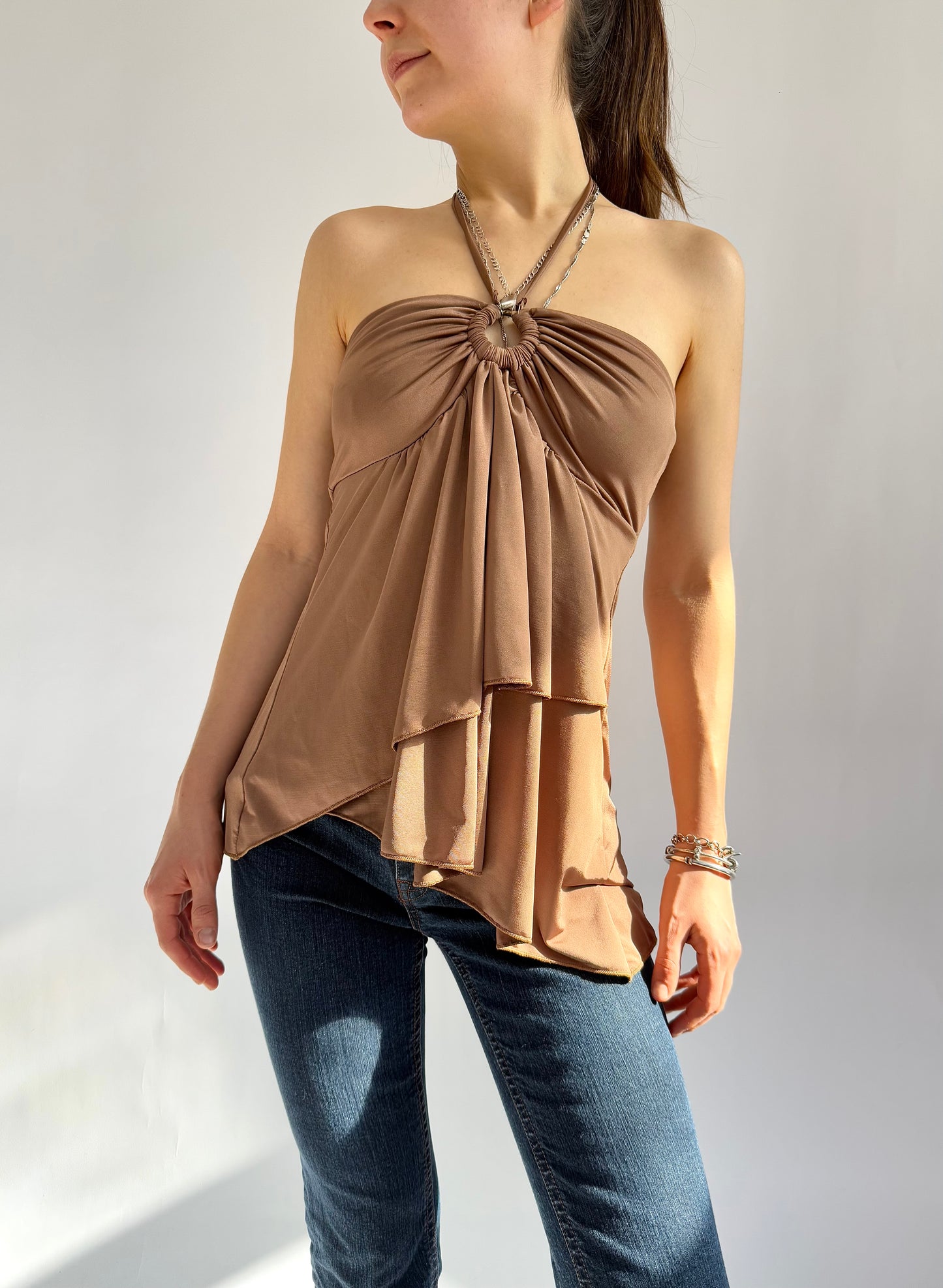 Y2K fairy core tan asymmetrical top with tie detail