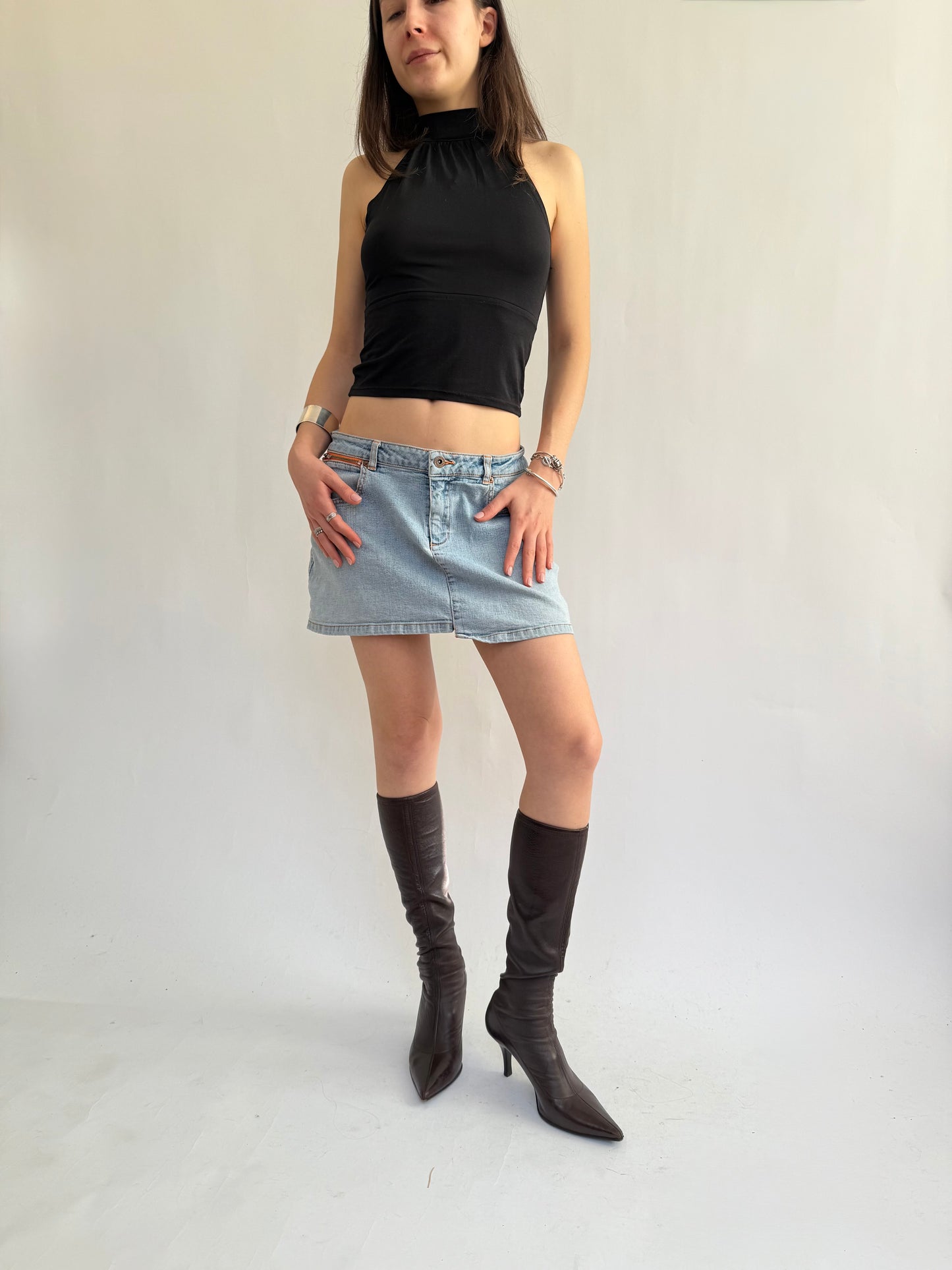 Y2K light wash denim mini skirt with back pocket details