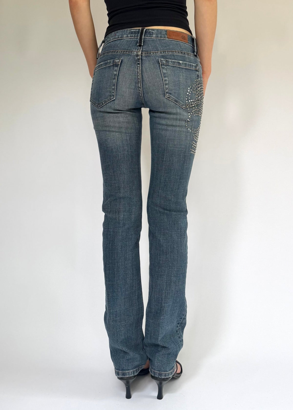 Y2K low rise straight jeans with rhinestone detailing