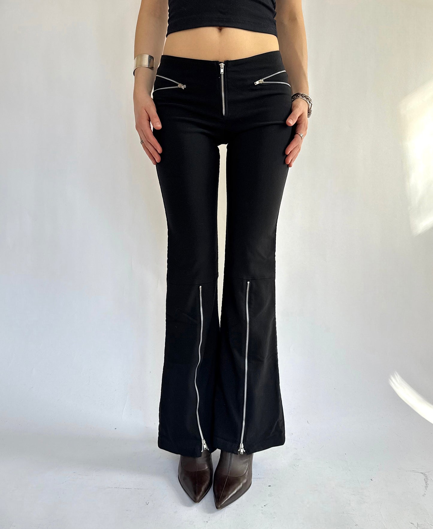 Y2K Black flared bootcut low rise trousers with silver zippers by XOTIC