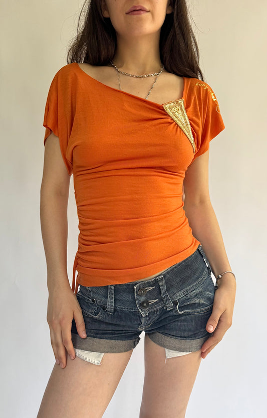 Y2K Deadstock BABYPHAT orange off the shoulder top with gold detailing and side tie