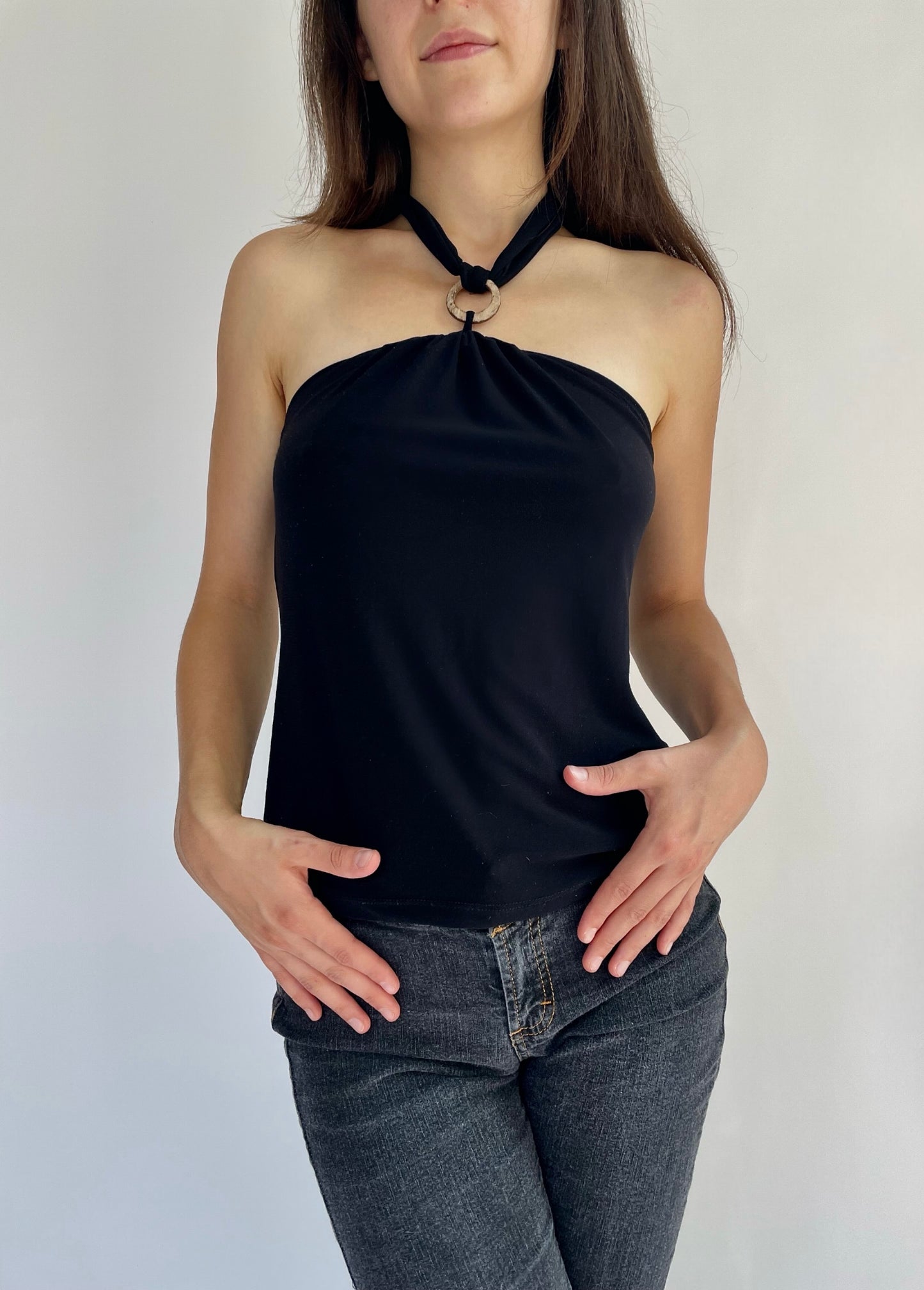 Y2K halter top with wooden ring