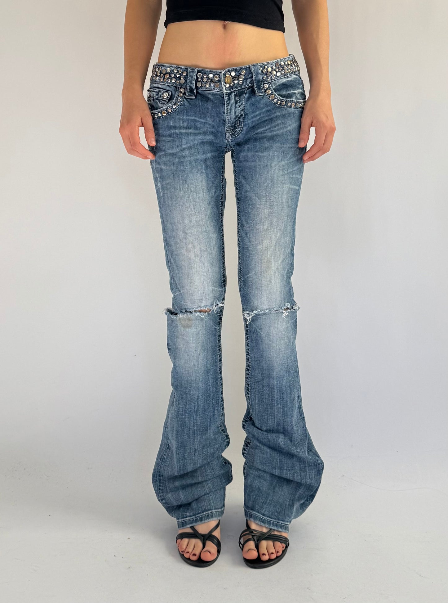 Y2K insane low rise MISS ME bedazzled flared jeans