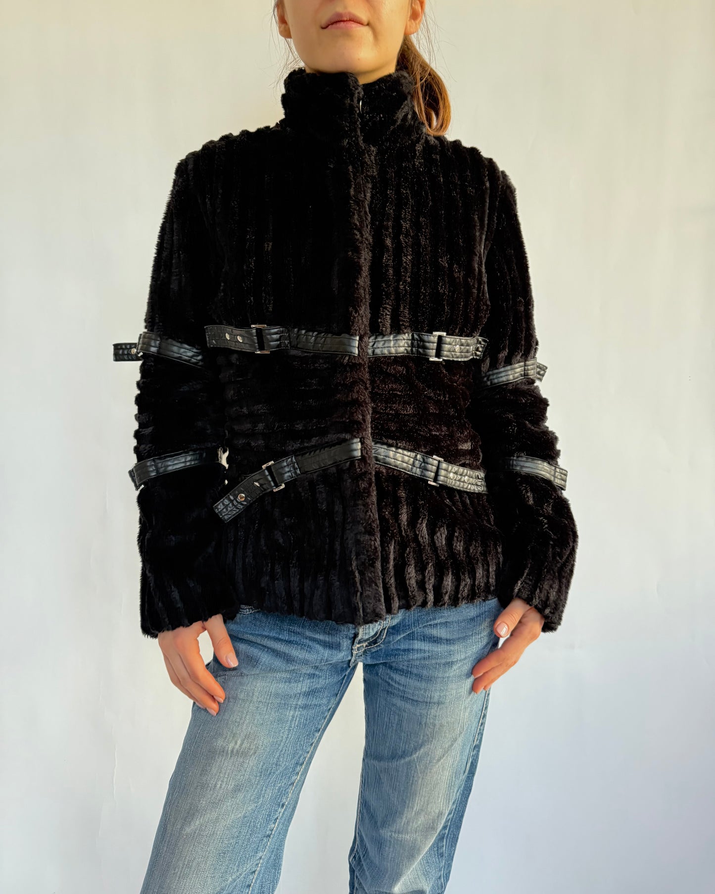 2000s faux fur jacket with buckle details