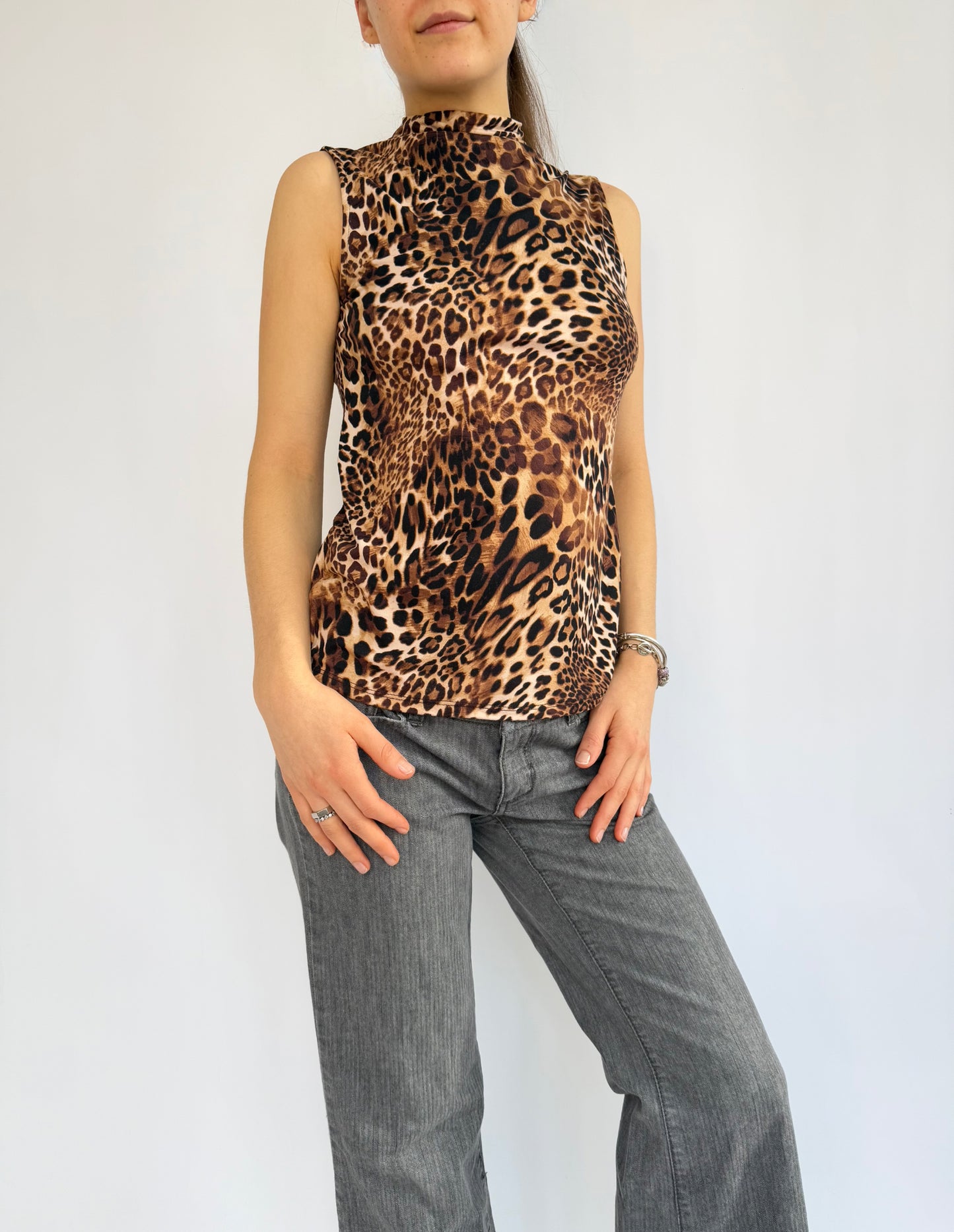 Y2K Leopard print top with high neck