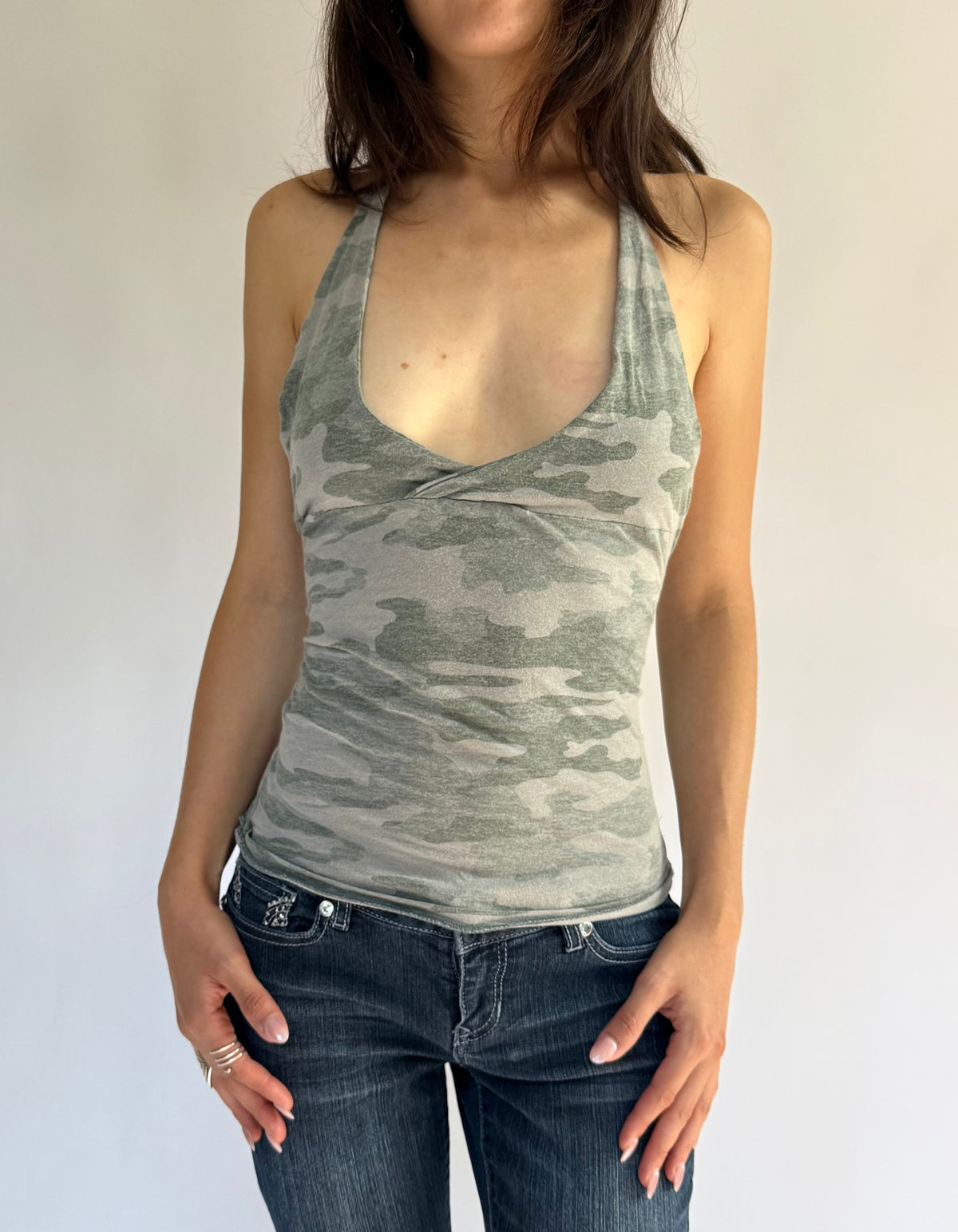 Reworked Y2K inspired camo print halter top