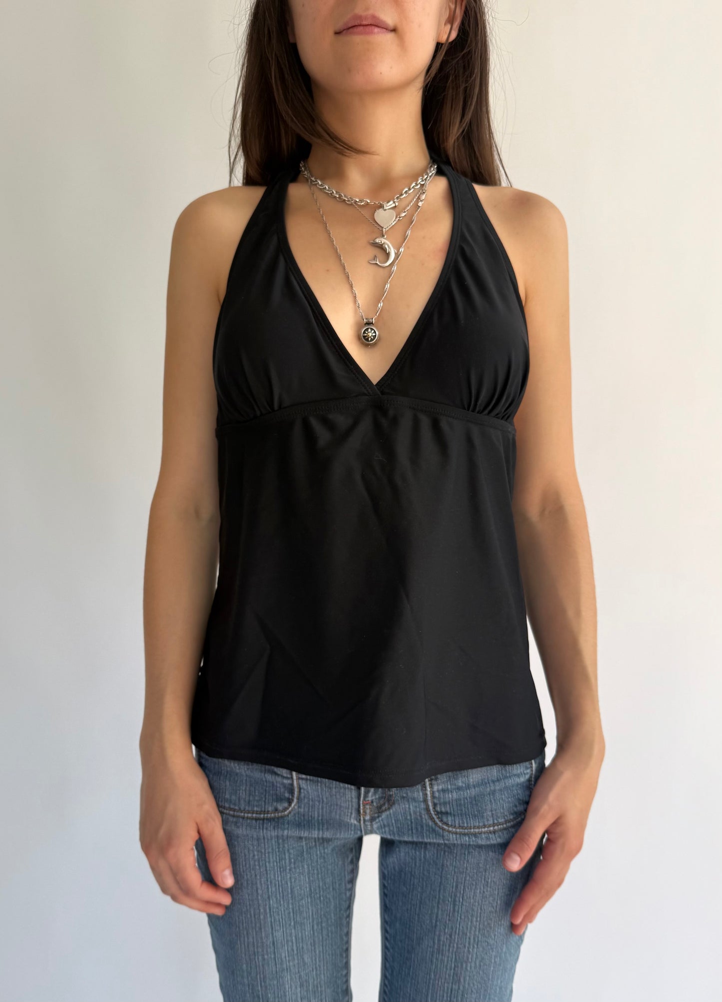 Y2K black halter v-neck top