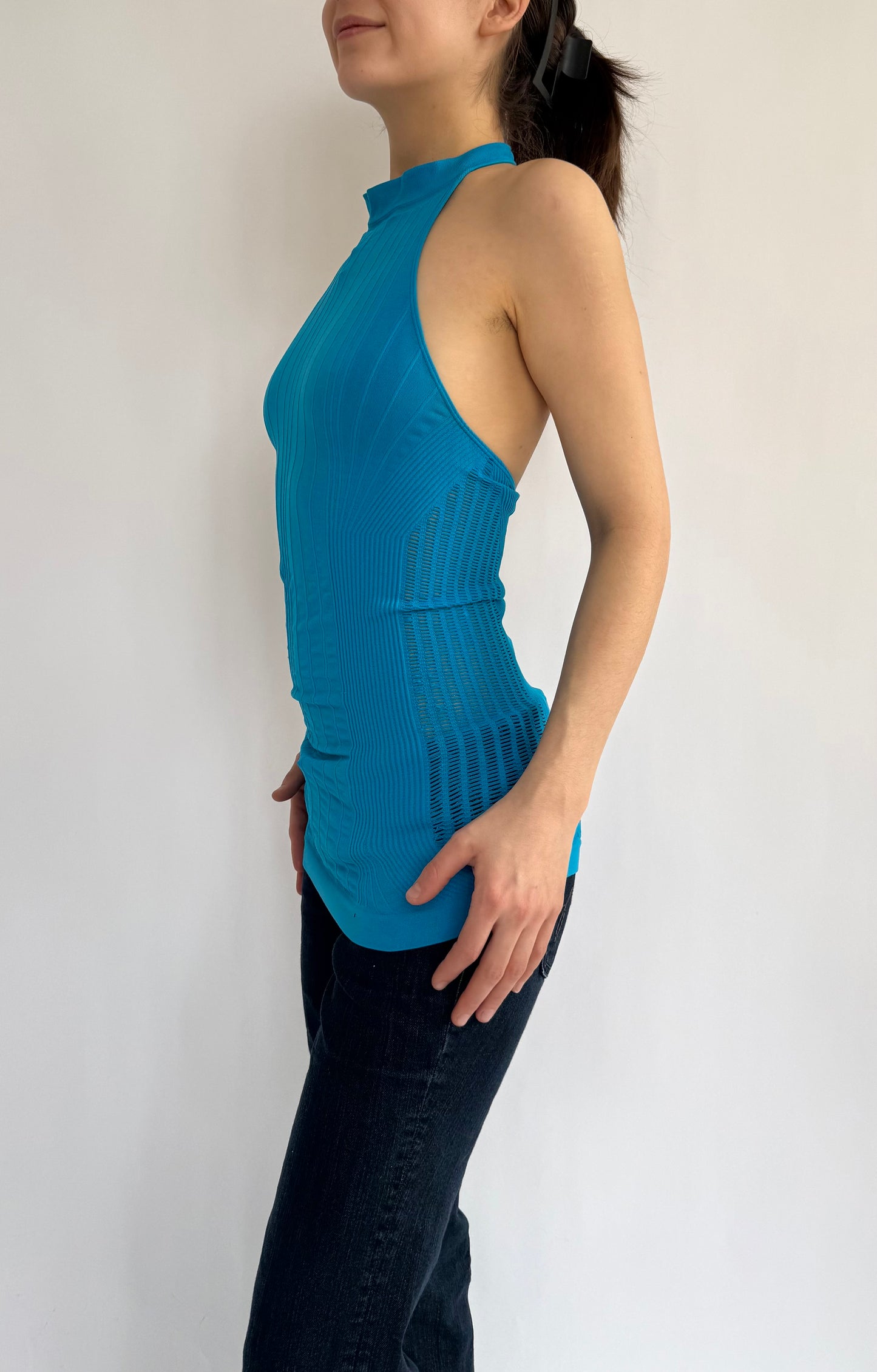 Y2K/2000s Blue ribbed halter neck bodycon mini dress or top