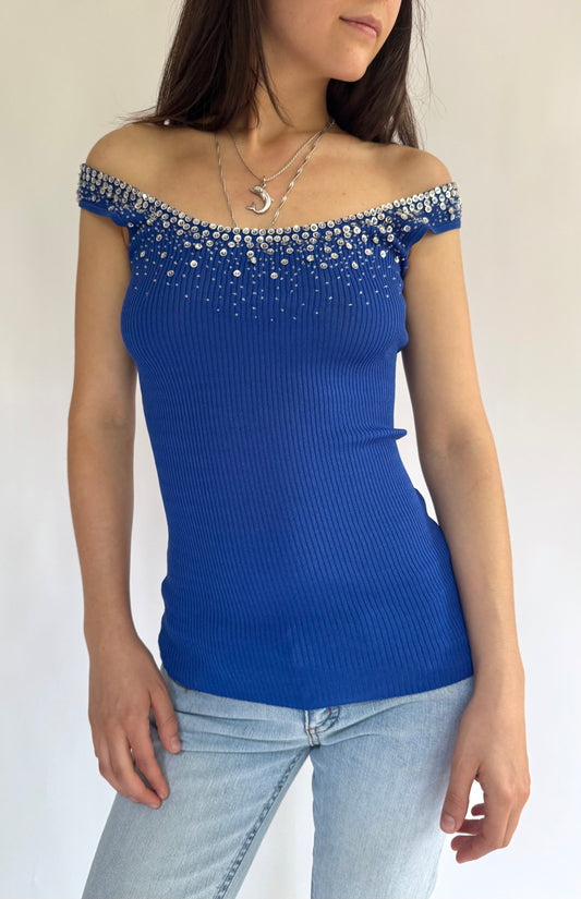 Y2k blue beaded neckline top