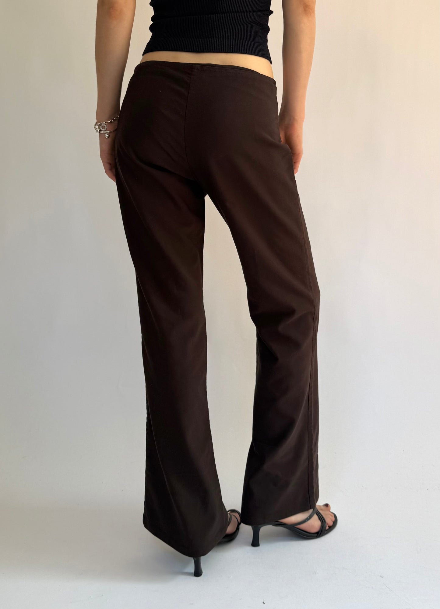 Y2K Brown low rise wide leg trousers with tie waist