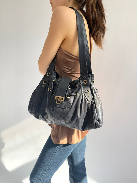 Y2k grunge core black leather shoulder bag with gold details