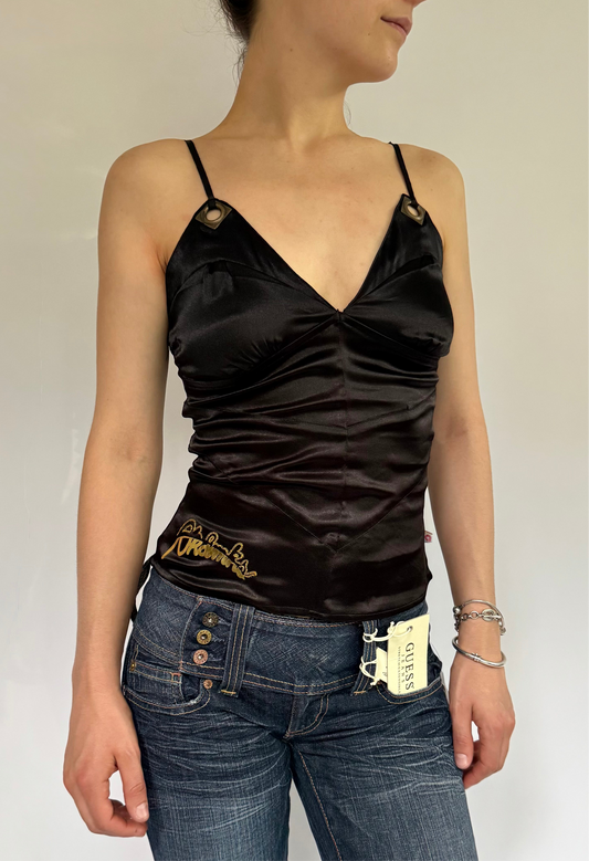 Y2K deadstock Black satin cami bustier top with gold logo and eyelets by AKADEMIKS
