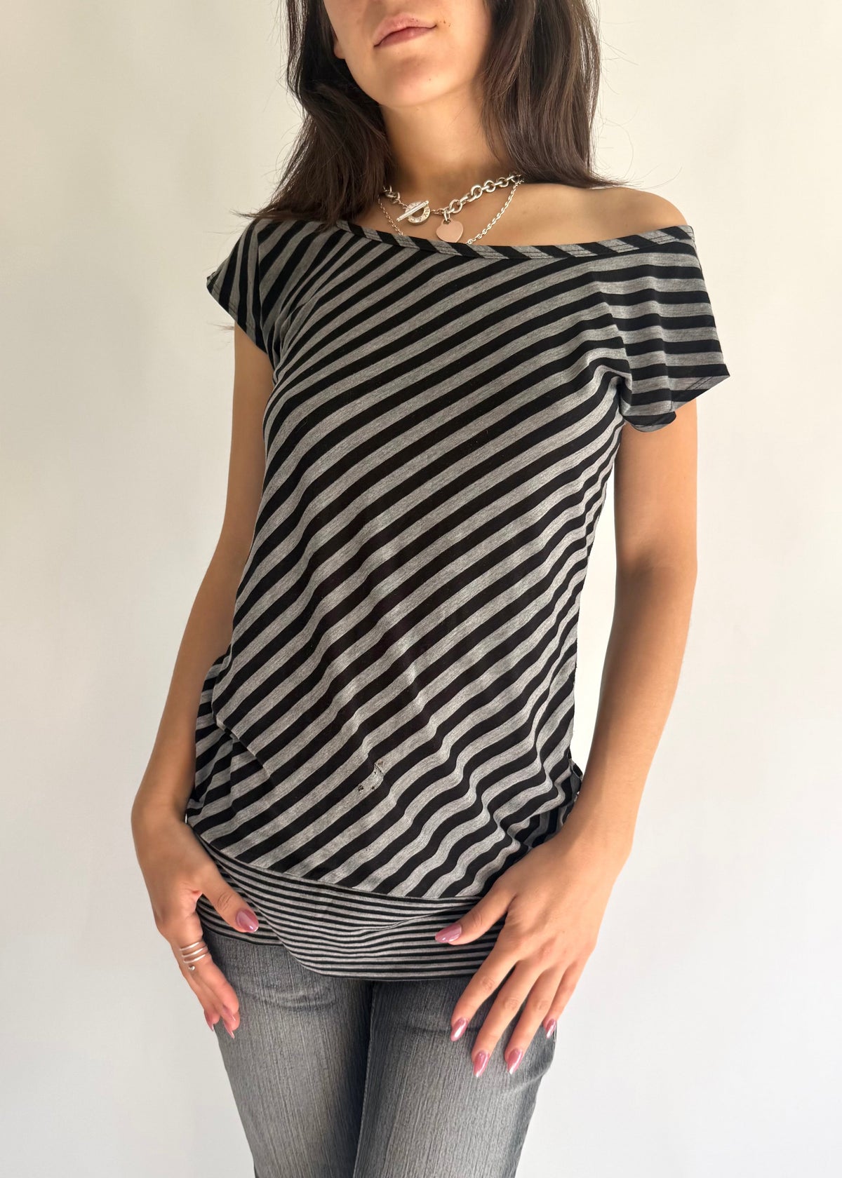 Y2K black & white diagonal striped off the shoulder top
