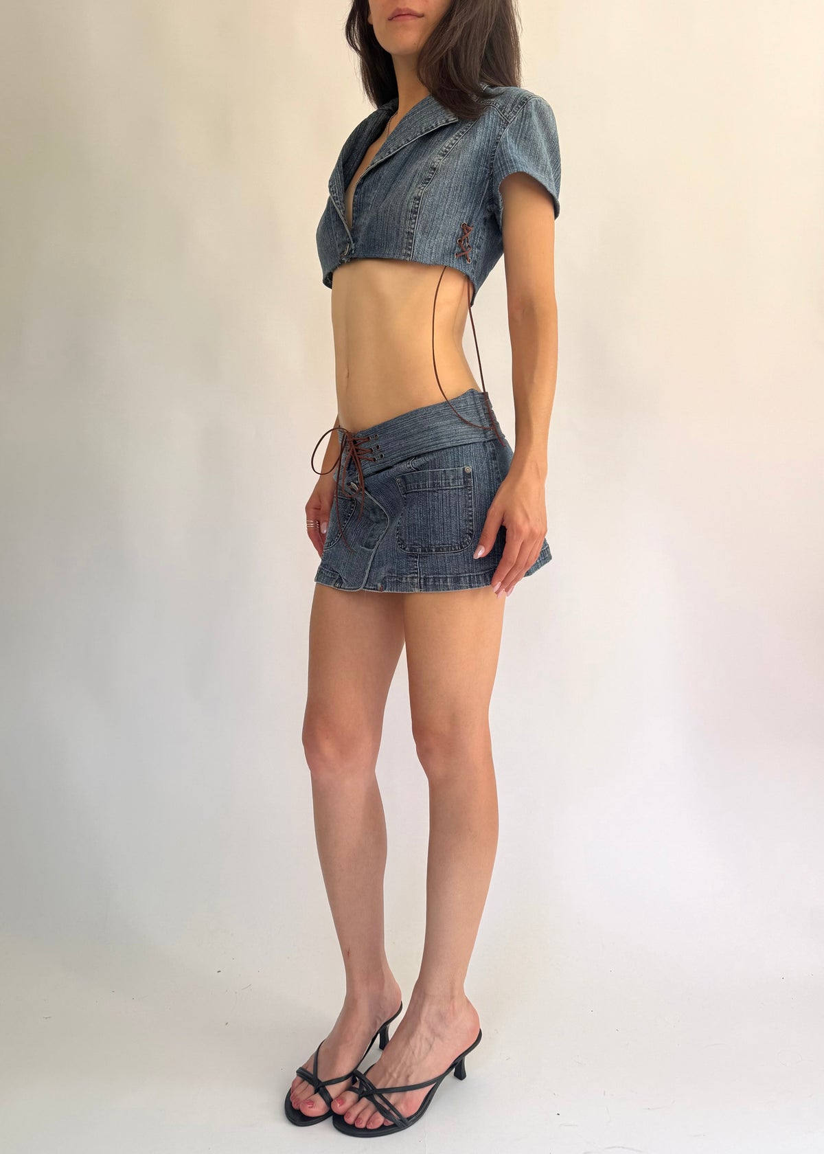 2000s one of one reworked denim low rise mini skirt and crop top set with lace-up detail