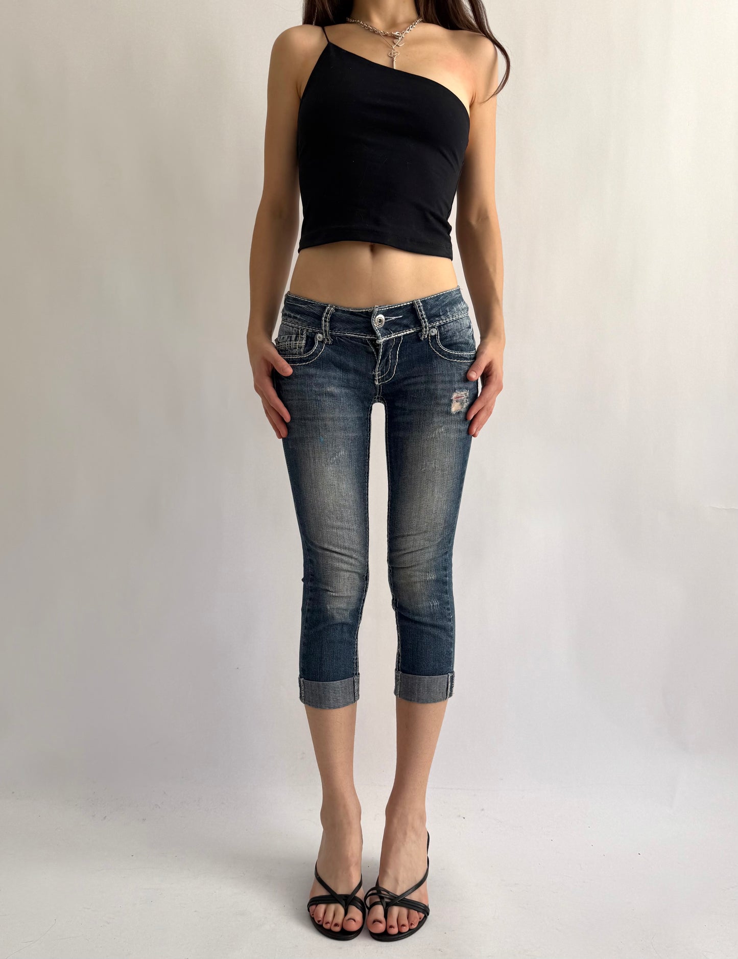 Y2K denim low rise capris with white stitching by Amethyst