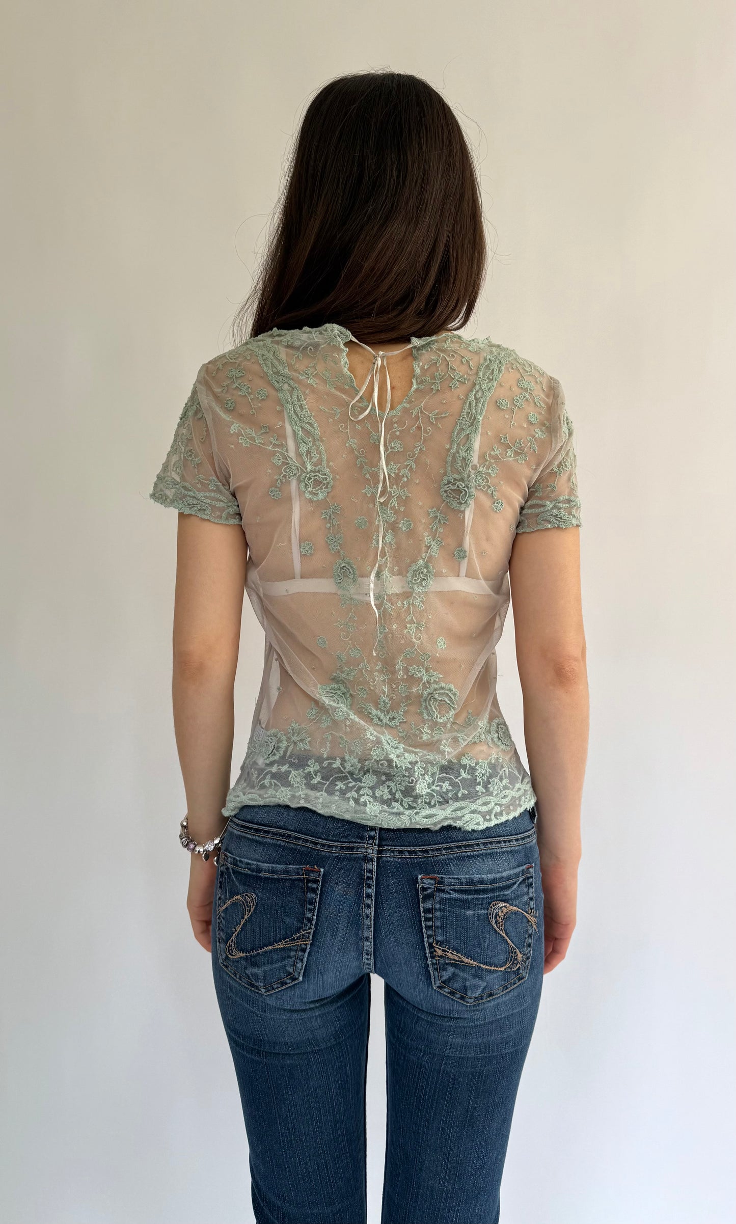 Y2K green mesh flower embroidered top