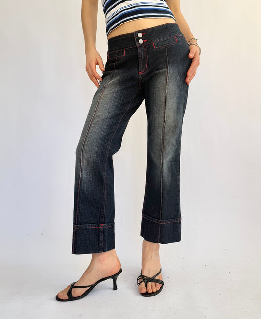 Y2K acid wash low rise denim capris with red stitching by VIGOSS jeans