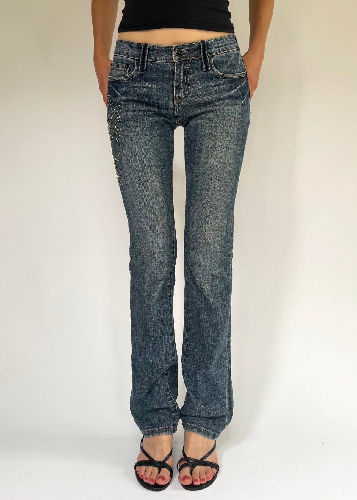 Y2K low rise straight jeans with rhinestone detailing
