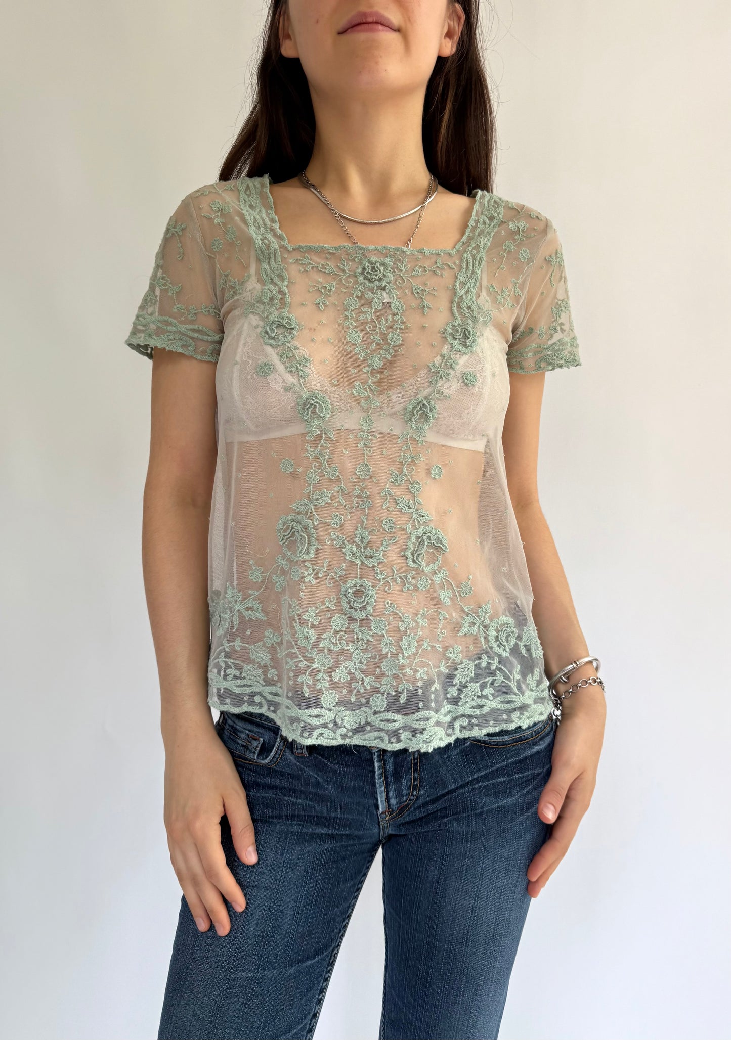 Y2K green mesh flower embroidered top