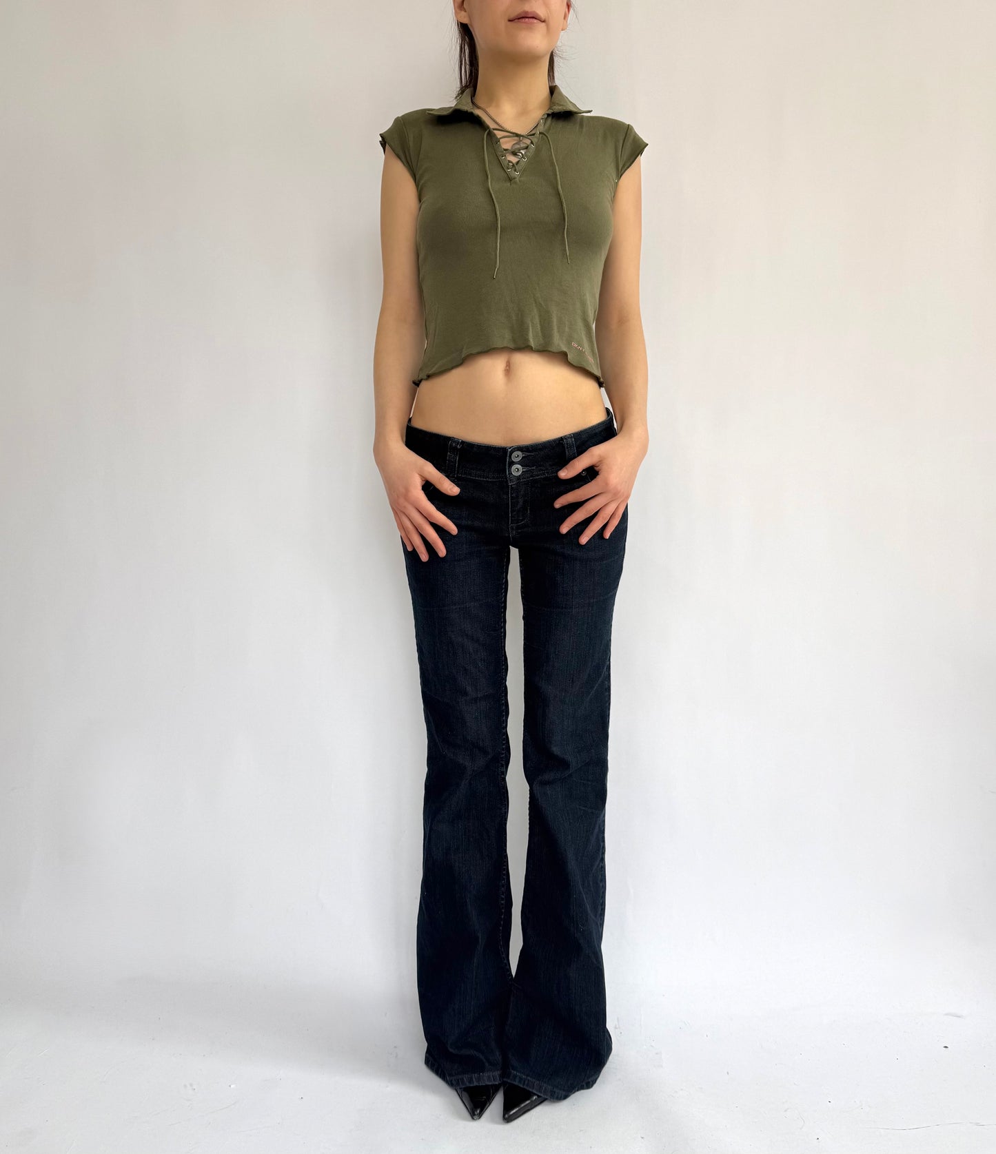 Y2K/2000s olive green cotton baby tee by DKNY