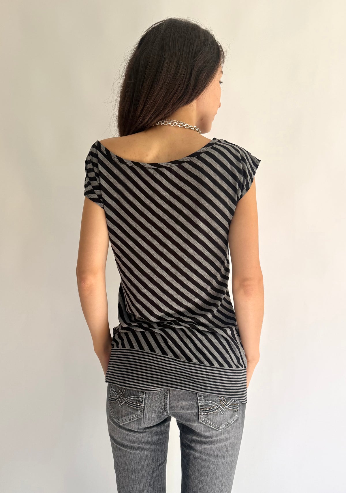 Y2K black & white diagonal striped off the shoulder top