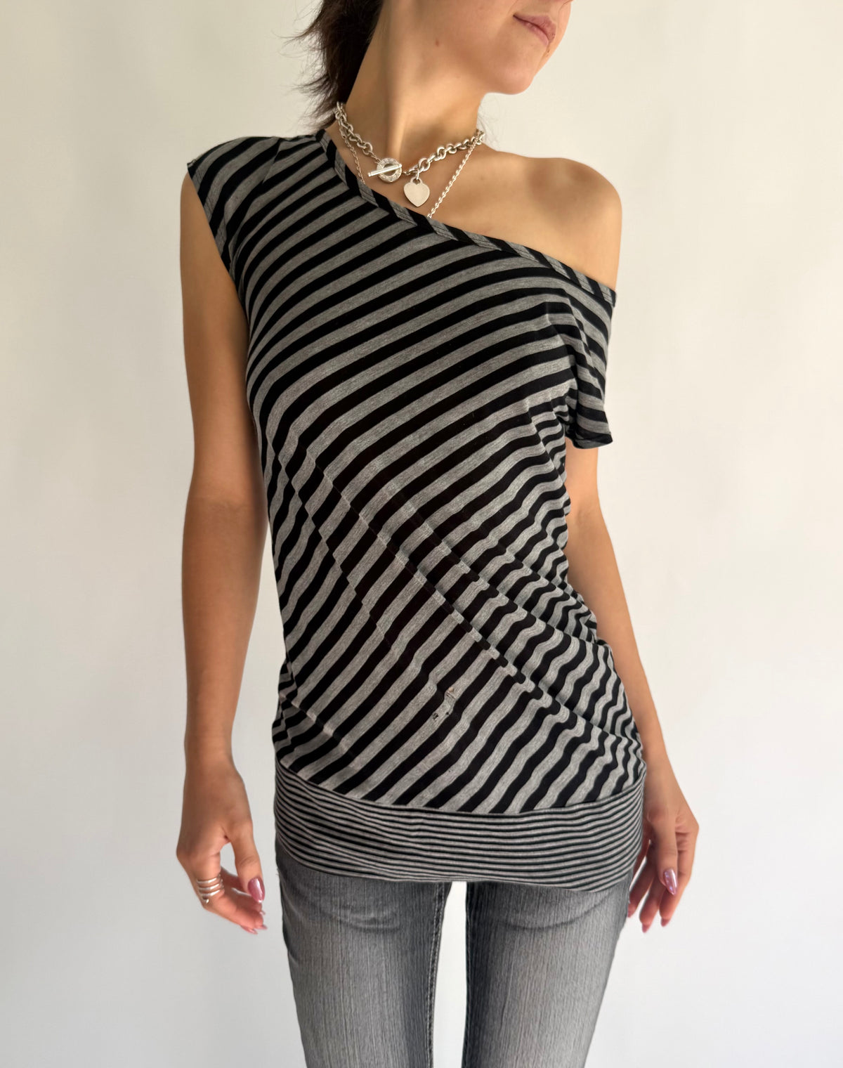 Y2K black & white diagonal striped off the shoulder top